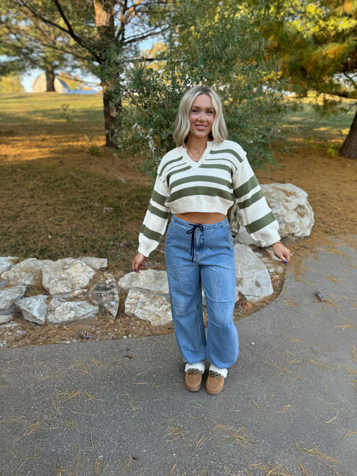 Olive Striped Cropped V-Neck Sweater