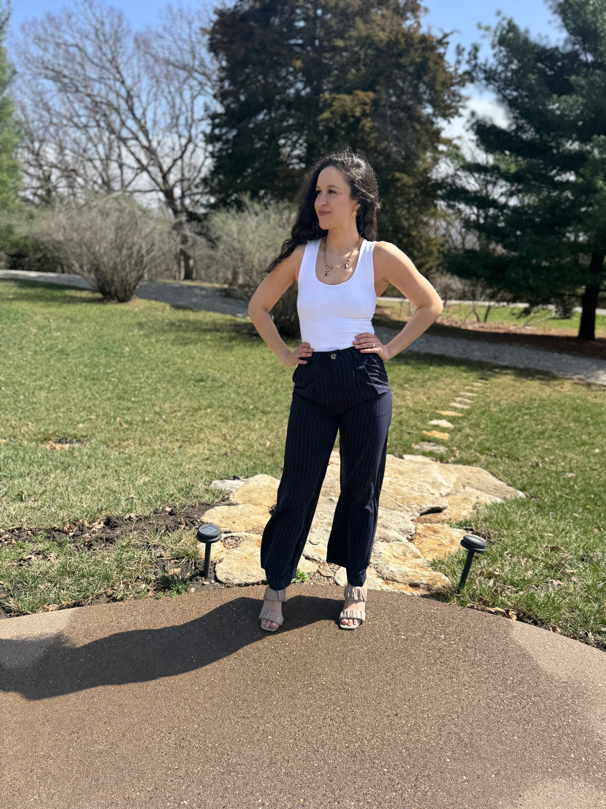 Navy Pinstripe Trousers