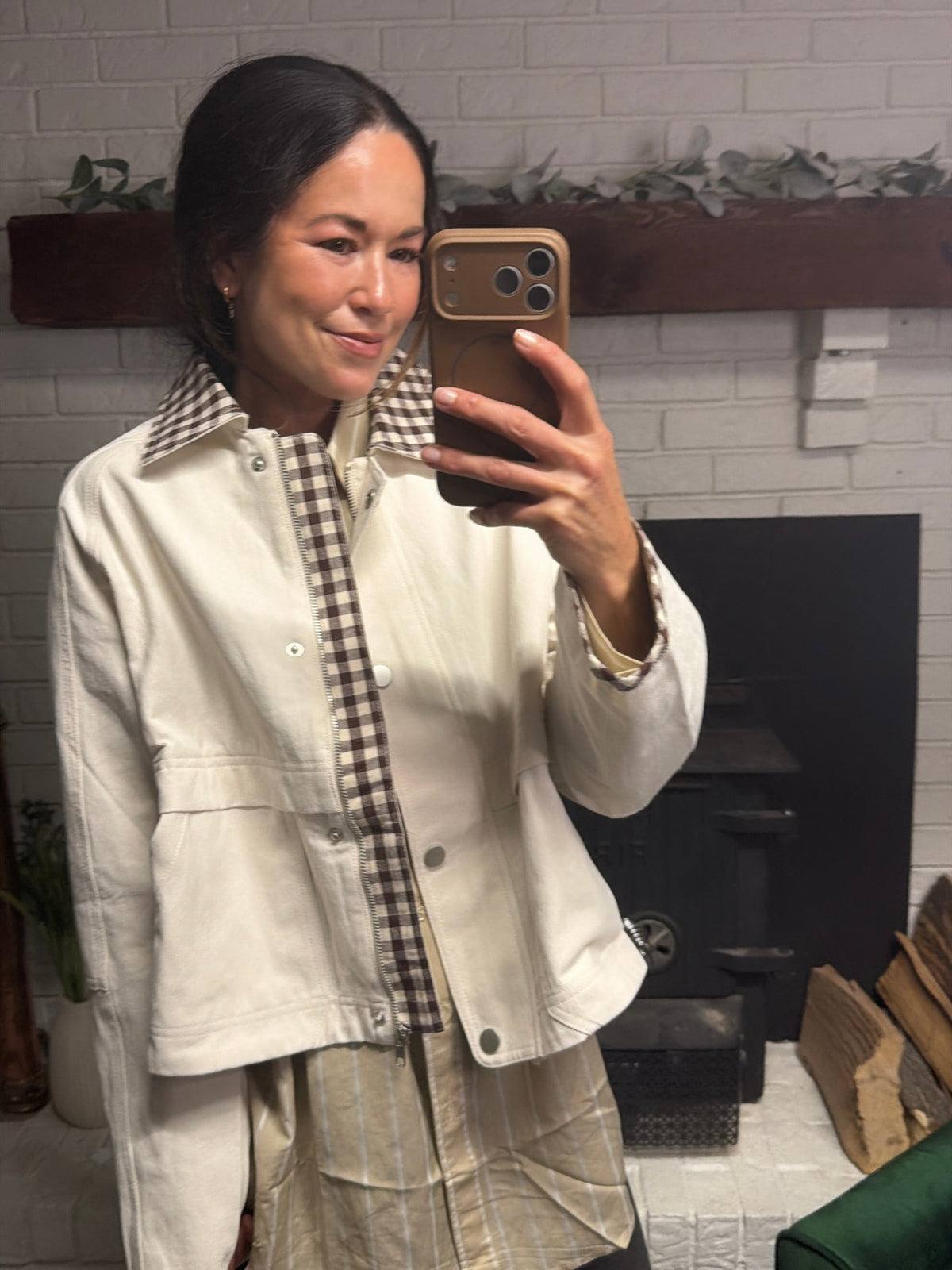 Cream & Mocha Gingham Contrast Denim Jacket