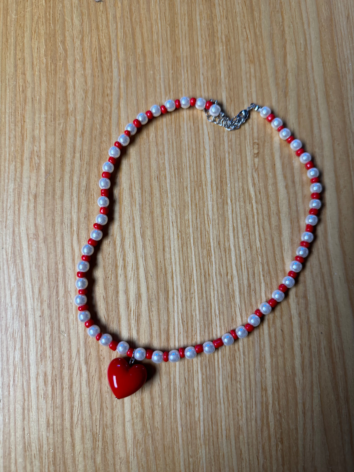 Beaded Red & White Heart Necklace
