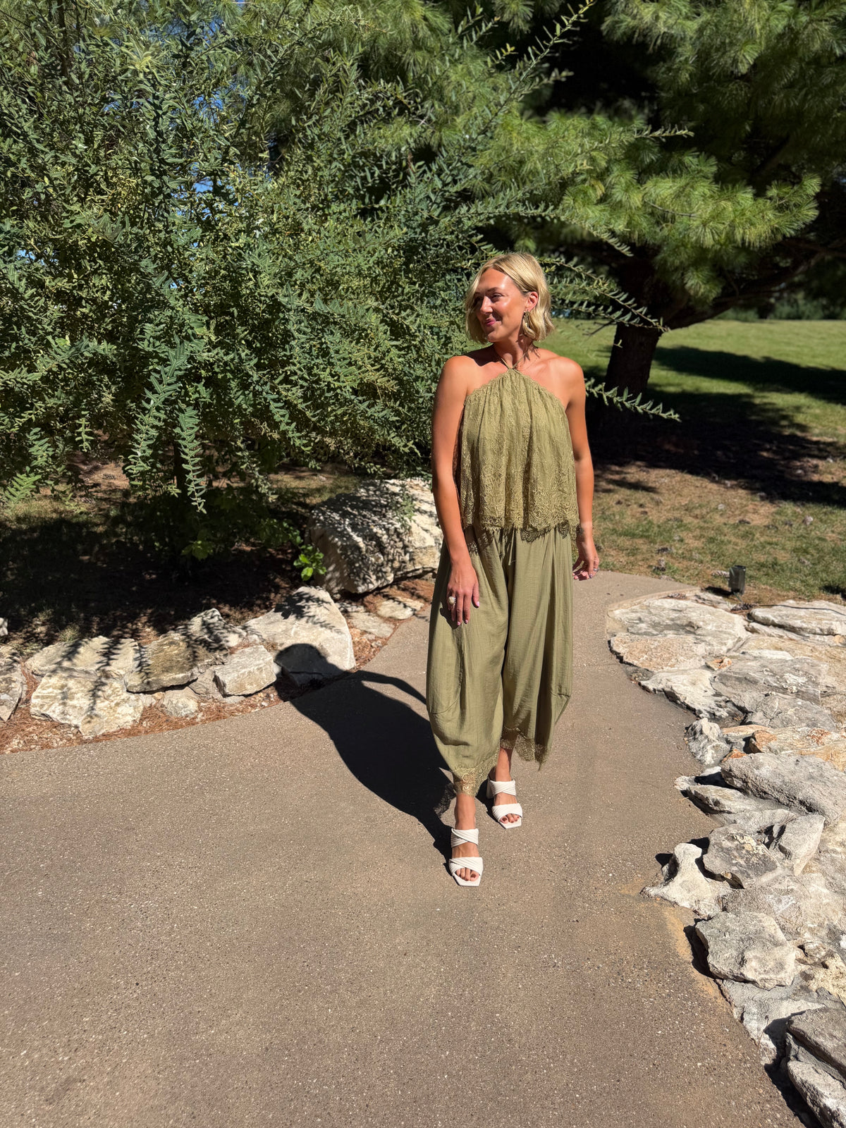 Olive Scallop Lace Halter Top