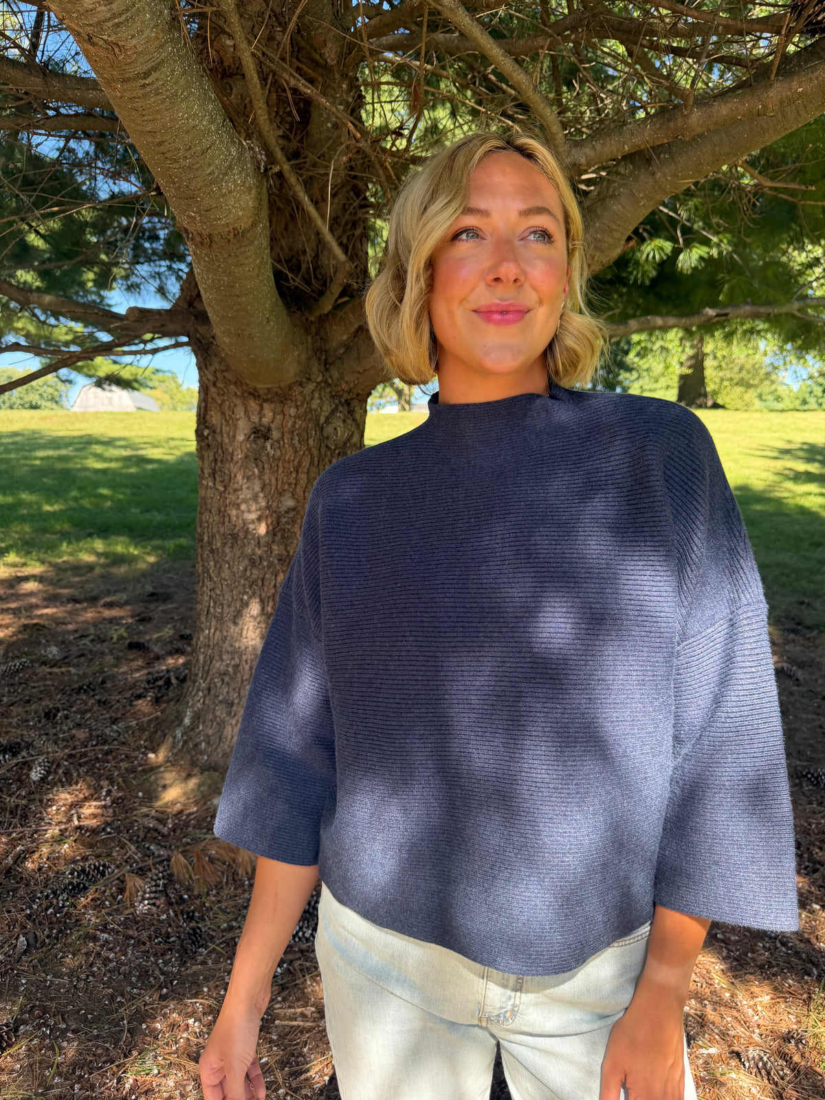 Navy Drop Shoulder 3/4 Length Sleeve Sweater
