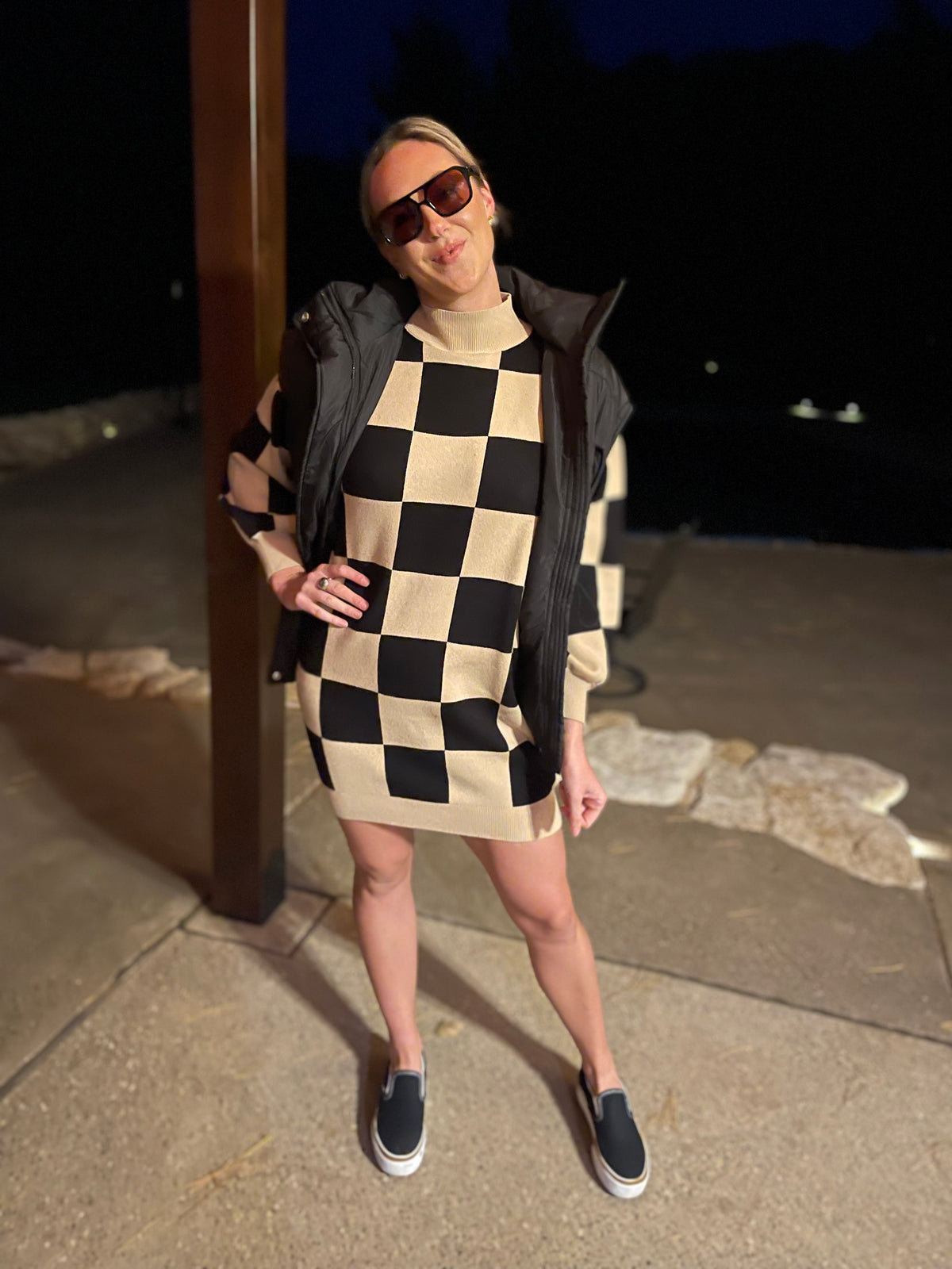 Checkered Mock Neck Sweater Dress