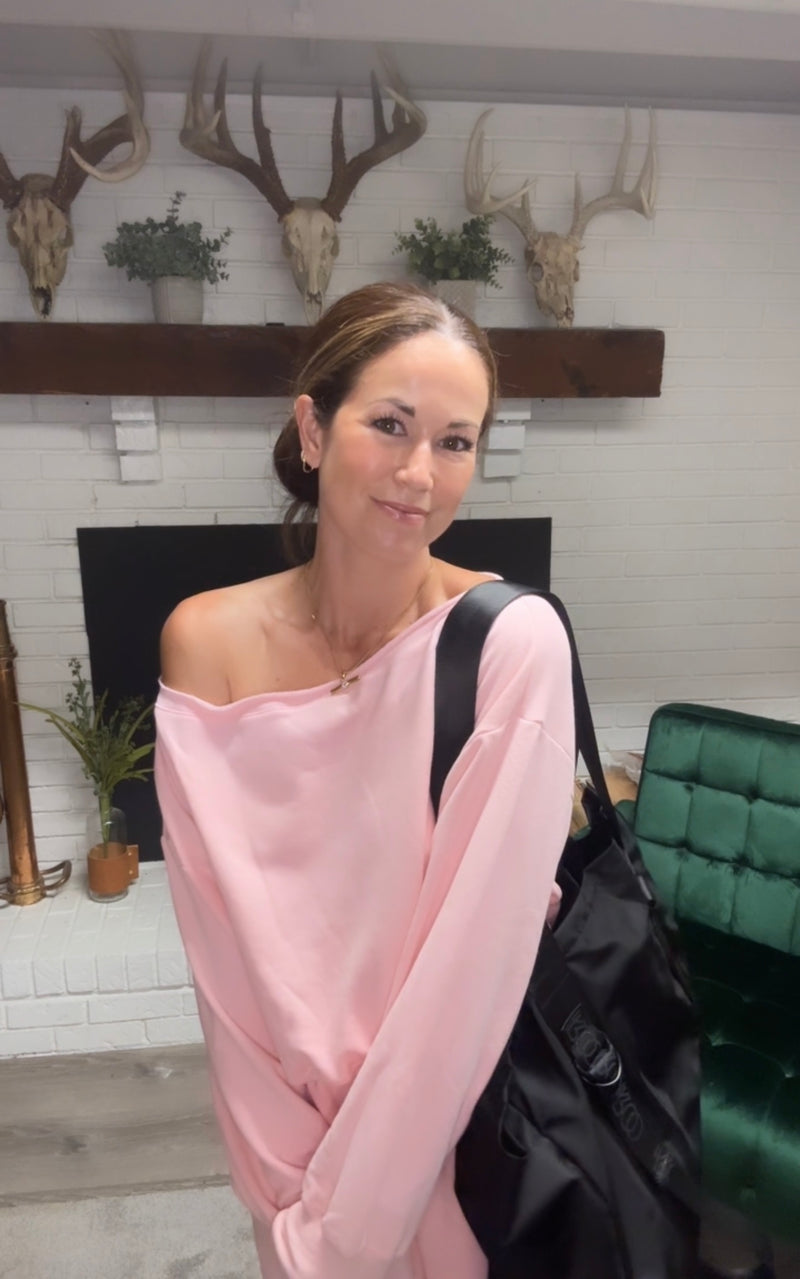 Pink Off The Shoulder Cropped Sweatshirt