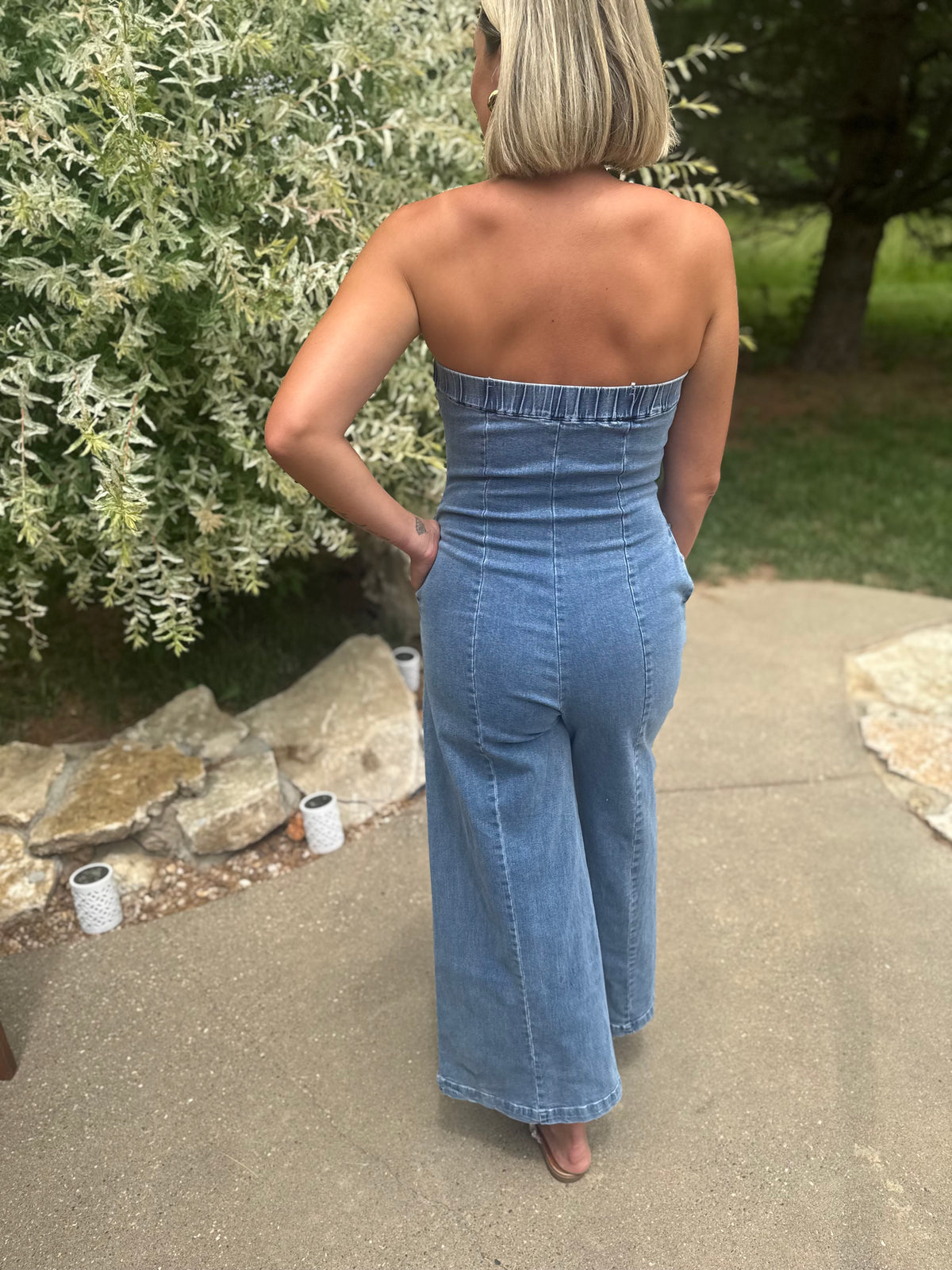 Strapless Wide Leg Denim Jumpsuit