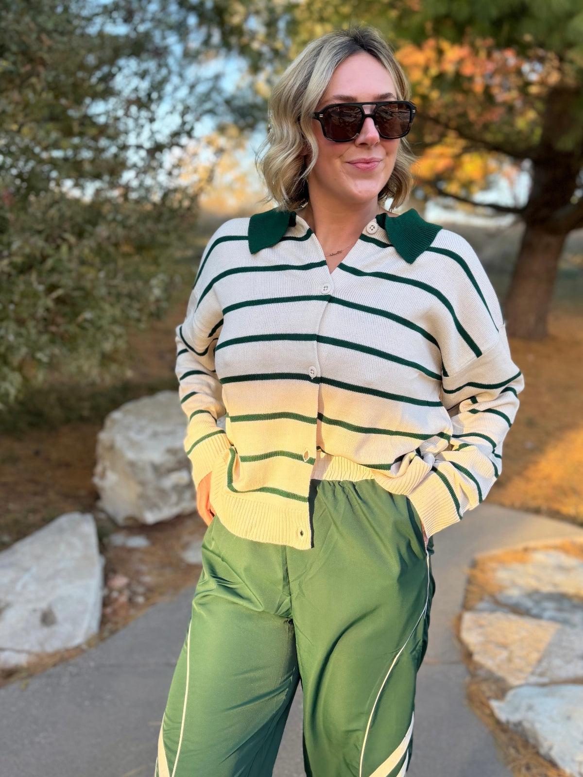 Green Stripe Collared Cardigan