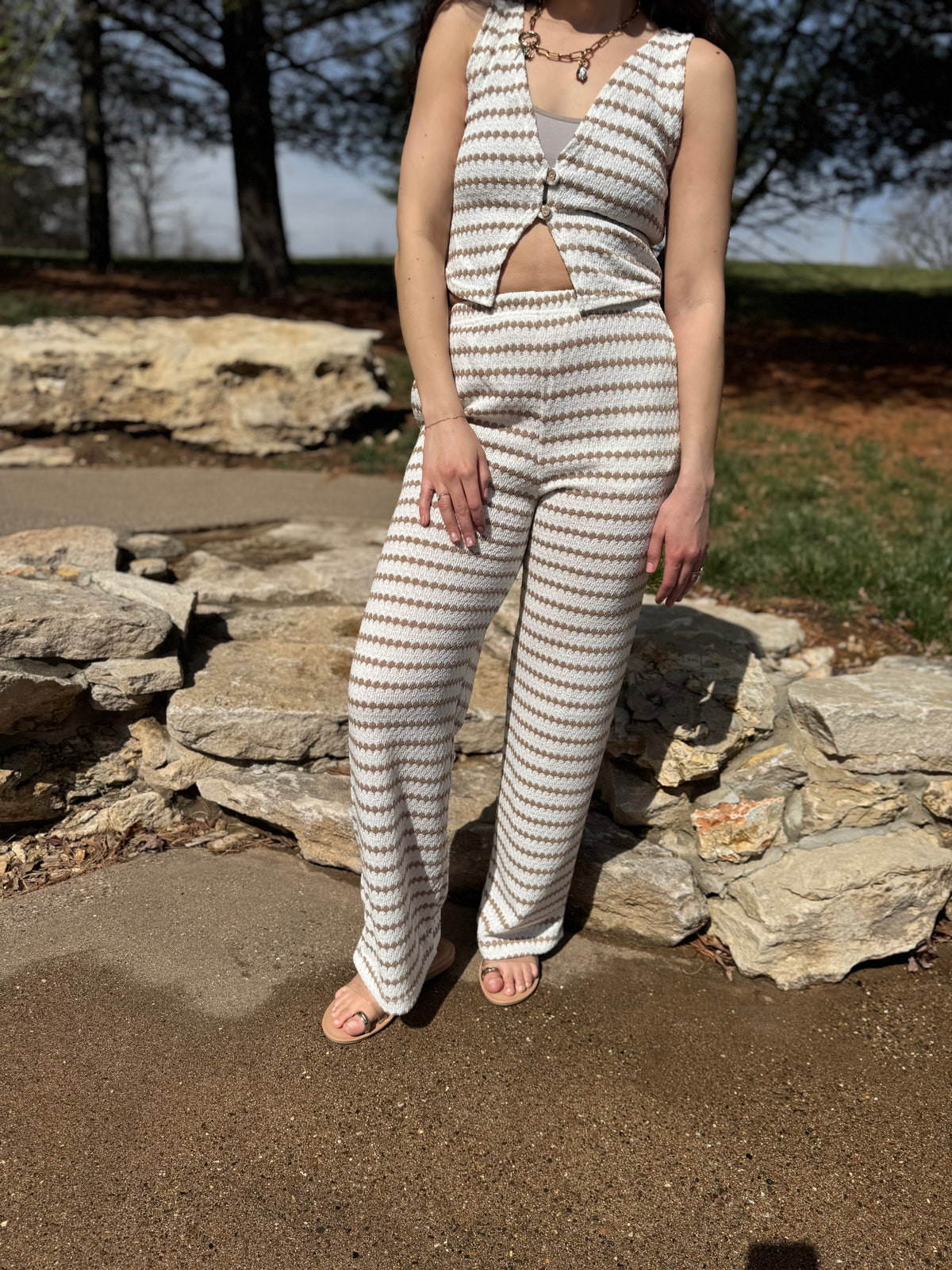 Taupe Stripe Knit Wide Leg Pants