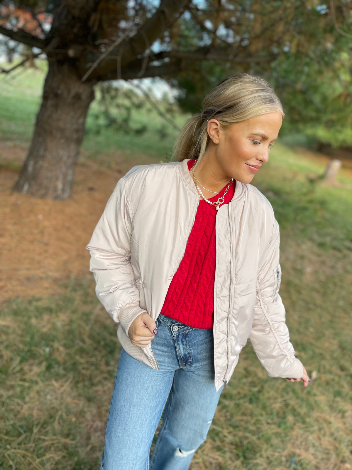 Cream Ruched Sleeve Bomber Jacket