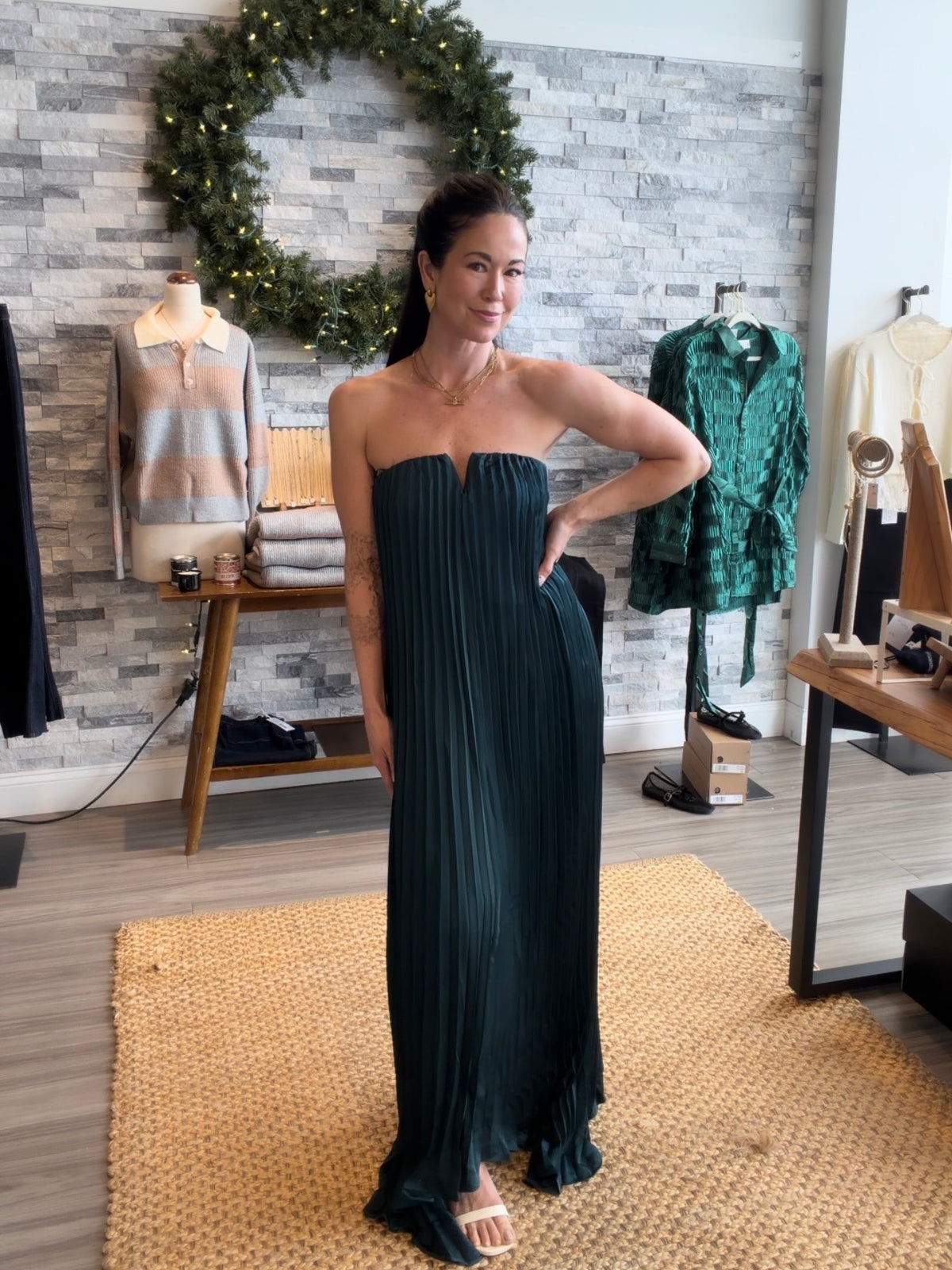 Emerald Green Strapless Pleated Maxi Dress
