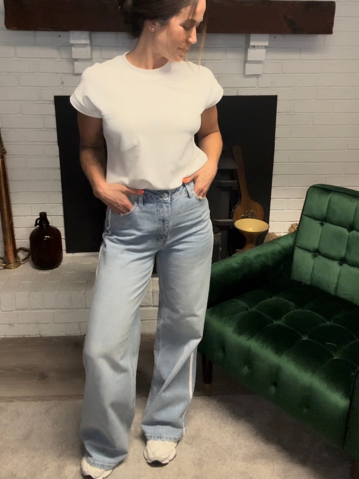 Wide Leg White Side Seam Detail Jeans