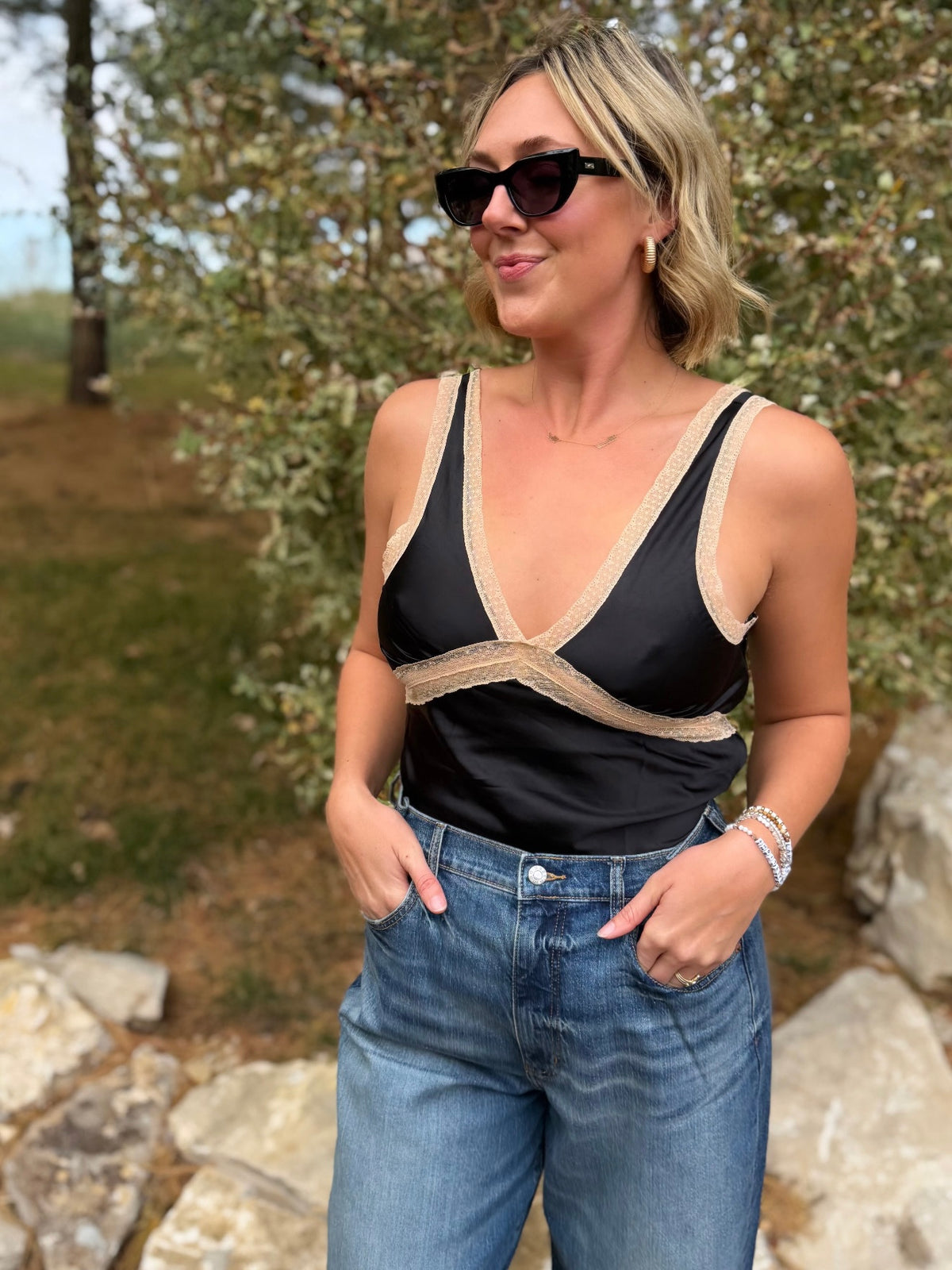 Black Lace Trim Tank Top