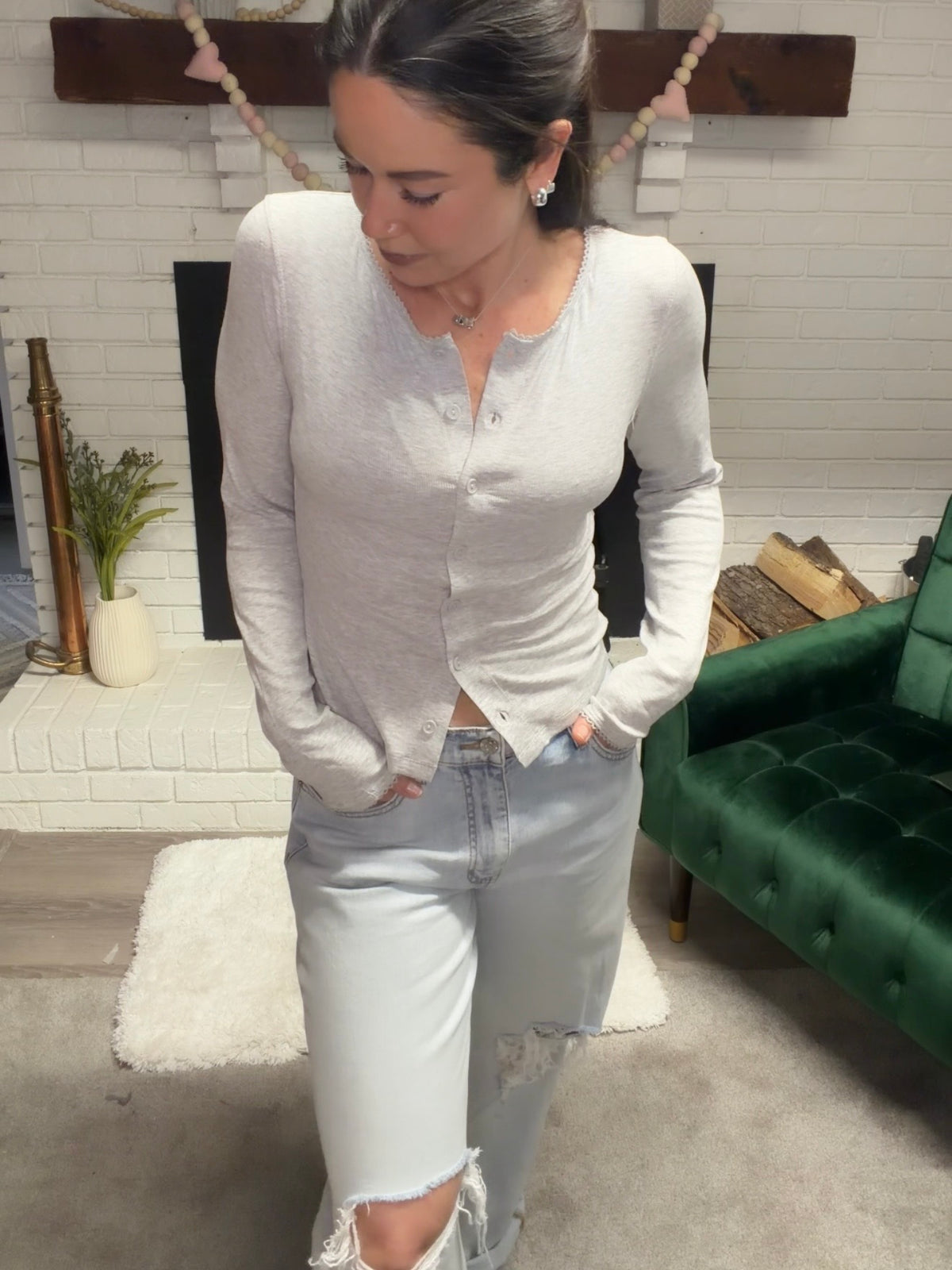 Grey Pico Trim Button Front Top