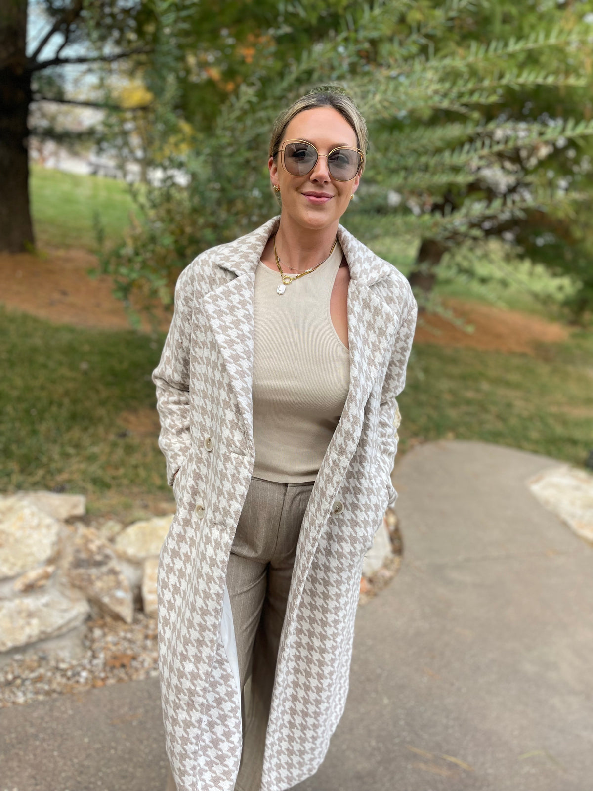 Taupe & Ivory Houndstooth Long Coat