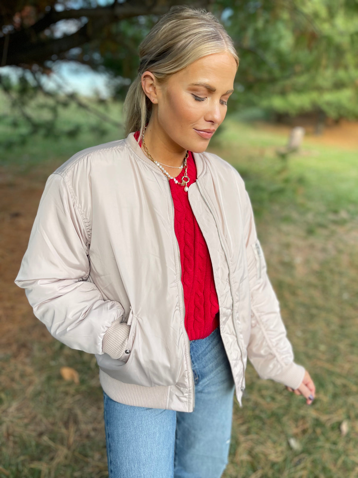 Cream Ruched Sleeve Bomber Jacket