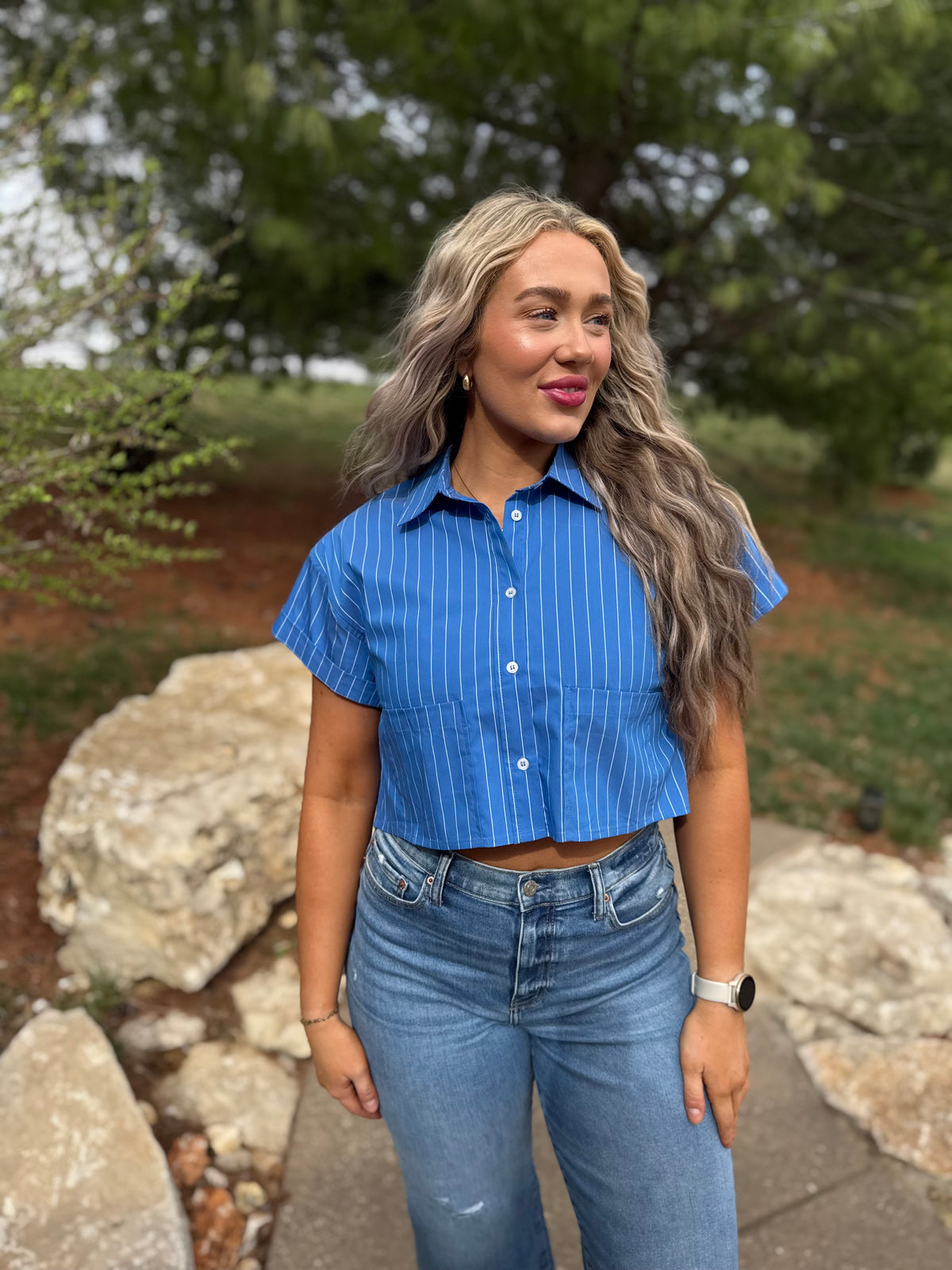 Cobalt Blue Cropped Woven Shirt