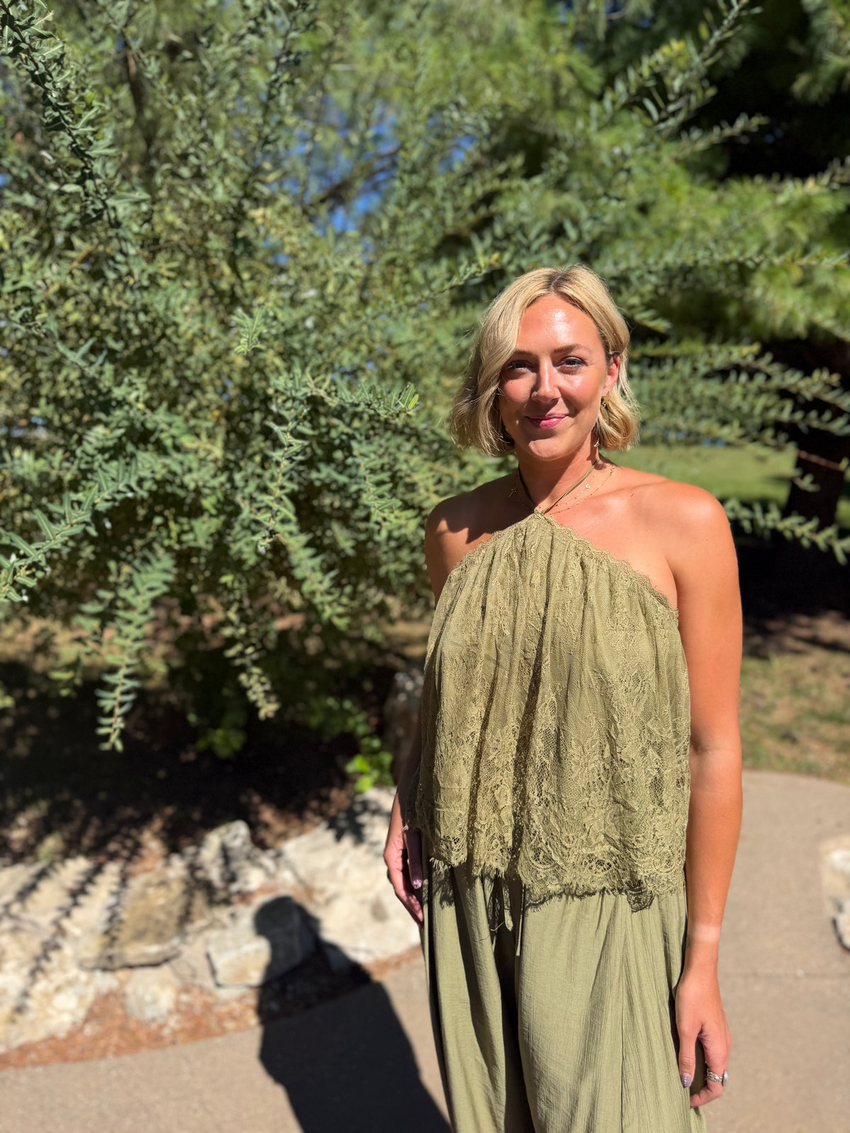 Olive Scallop Lace Halter Top