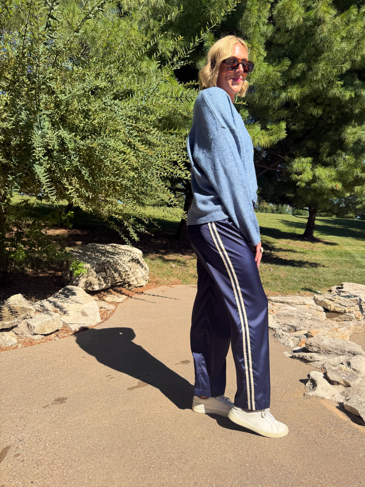 Navy with Cream Stripe Track Pants