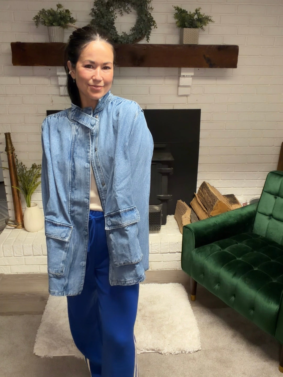 Shirring Detail Work Wear Denim Jacket
