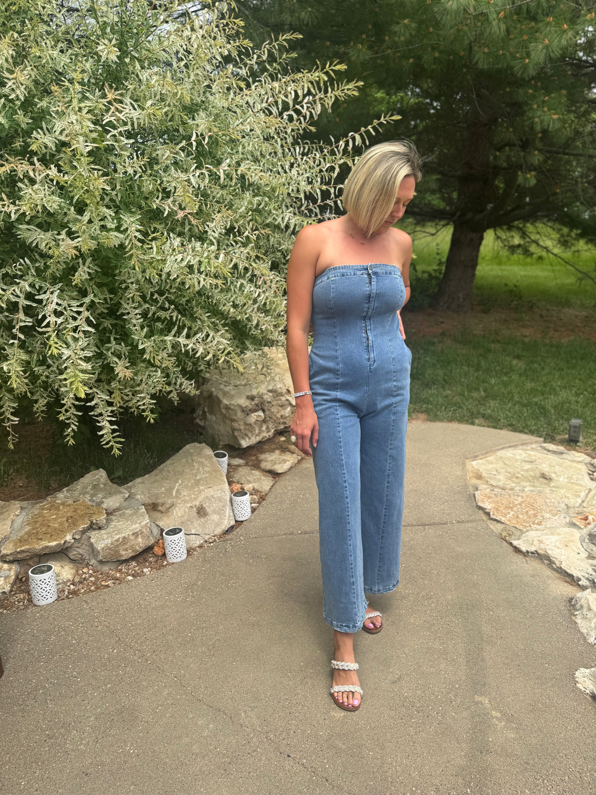 Strapless Wide Leg Denim Jumpsuit