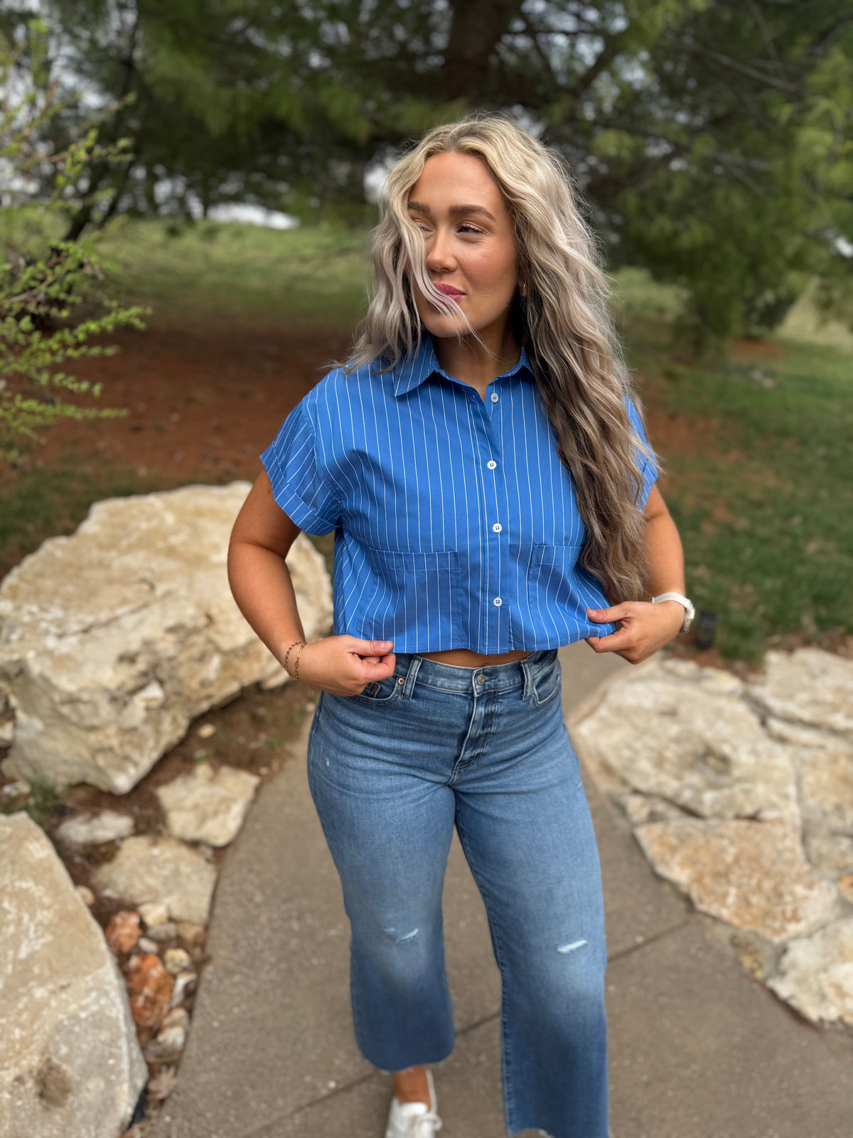 Cobalt Blue Cropped Woven Shirt