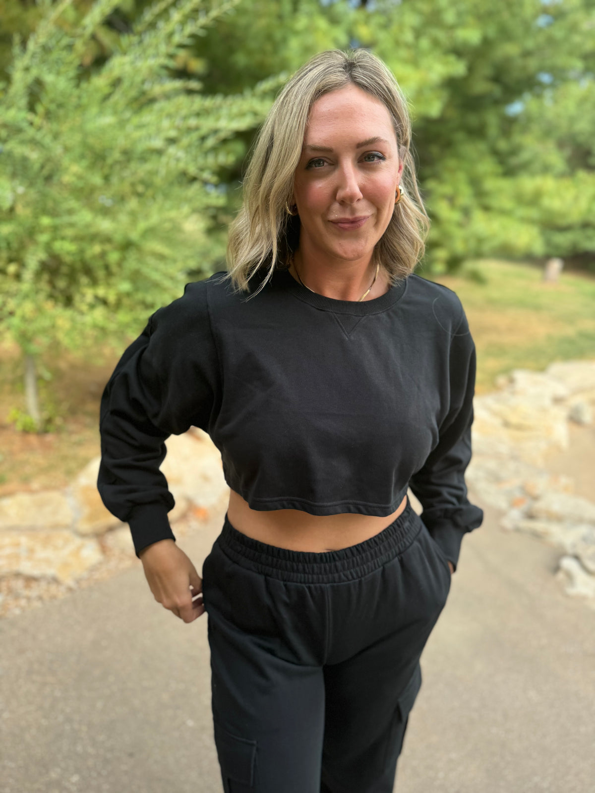 French Terry Crop Sweatshirt & Wide Leg Cargo Pant Set
