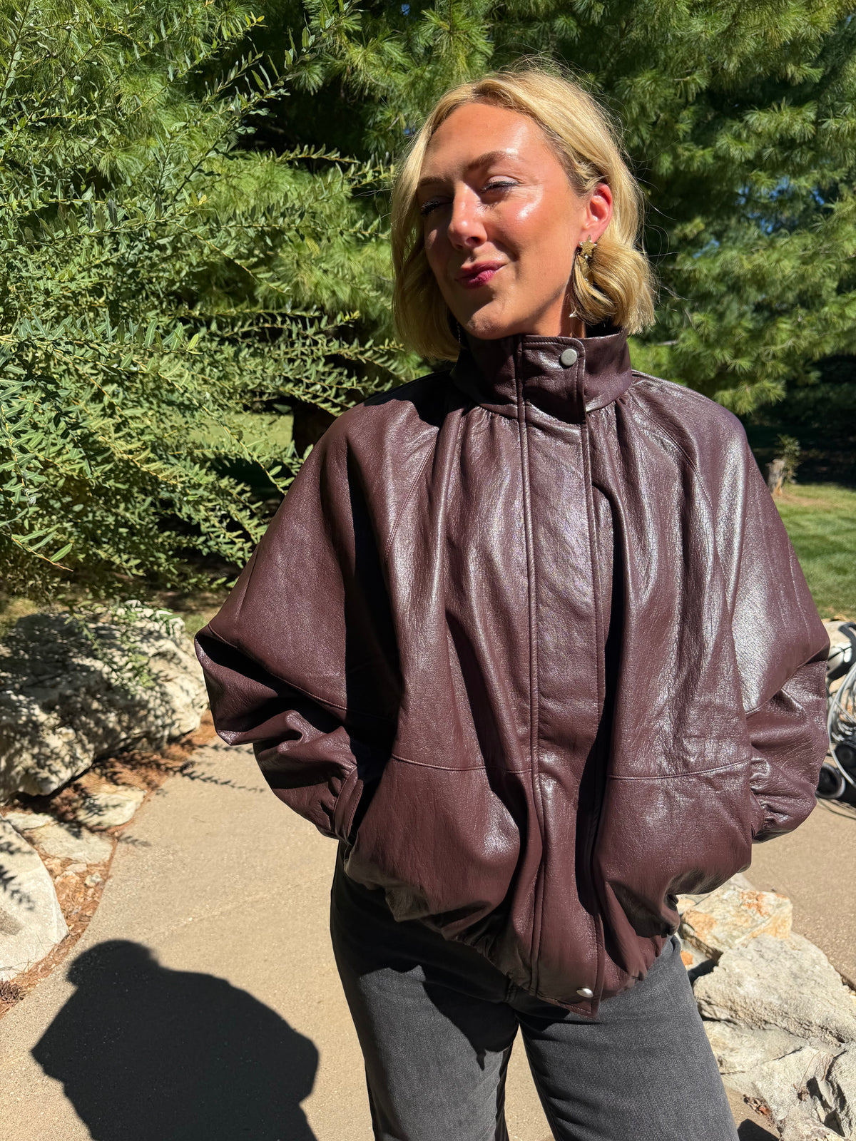 Burgundy Batwing Sleeve Funnel Neck Jacket