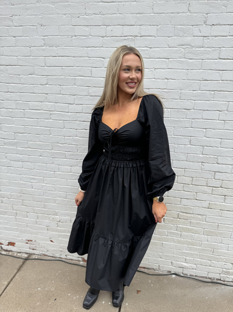 Black Long Sleeve Ruched Waist Dress