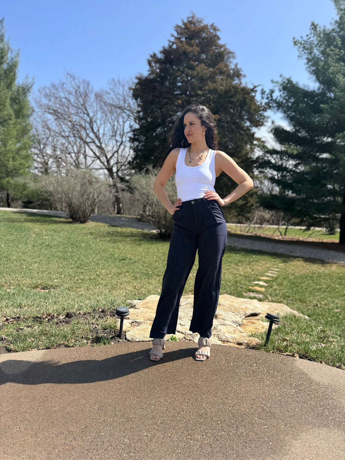 Navy Pinstripe Trousers