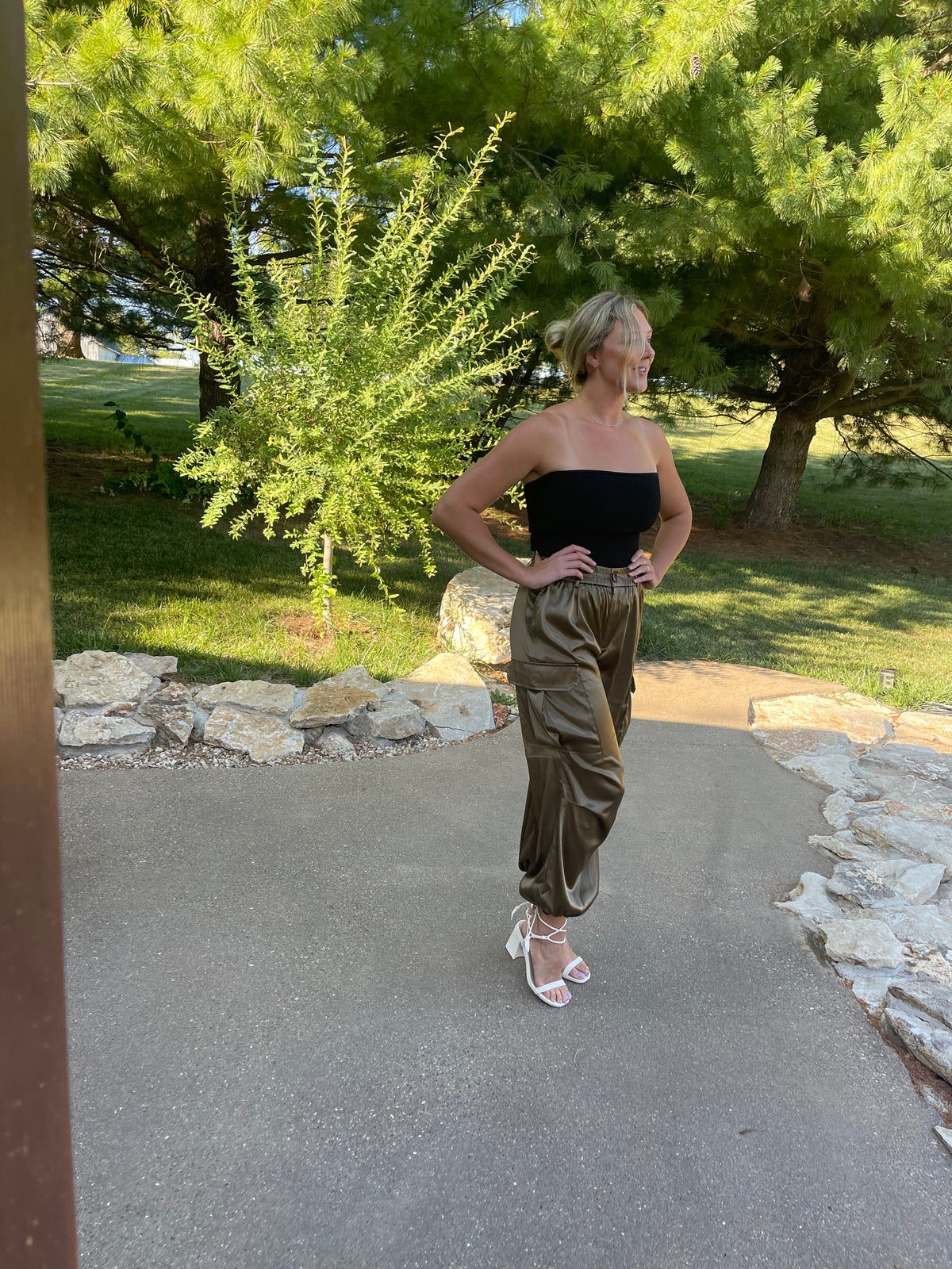 Olive Satin Parachute Cargo Pants