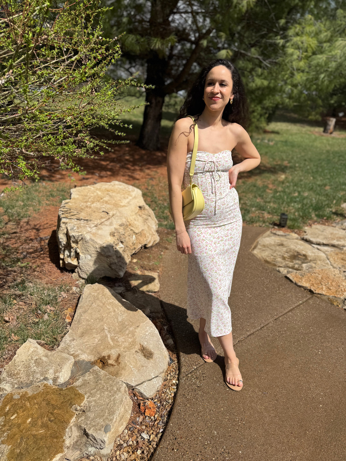 Pink Floral Print Strapless Midi Dress