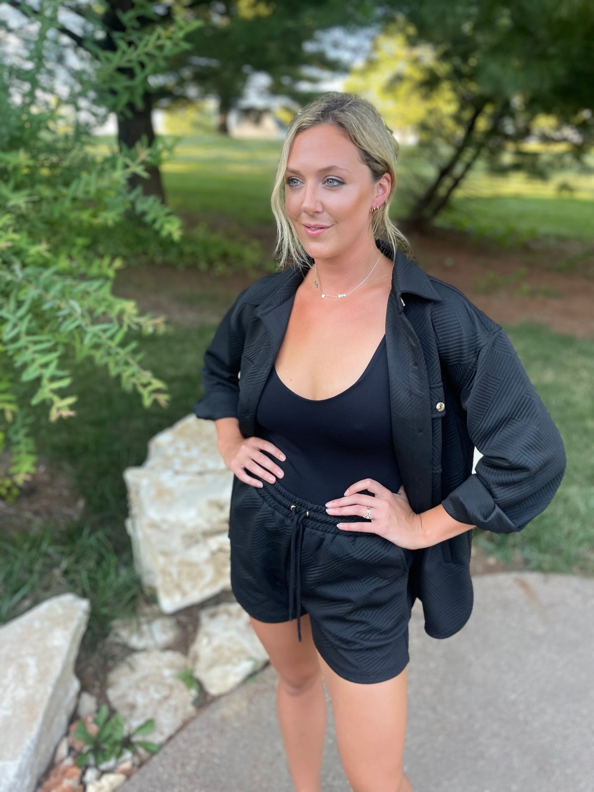 Black Jacquard Knit Drawstring Short