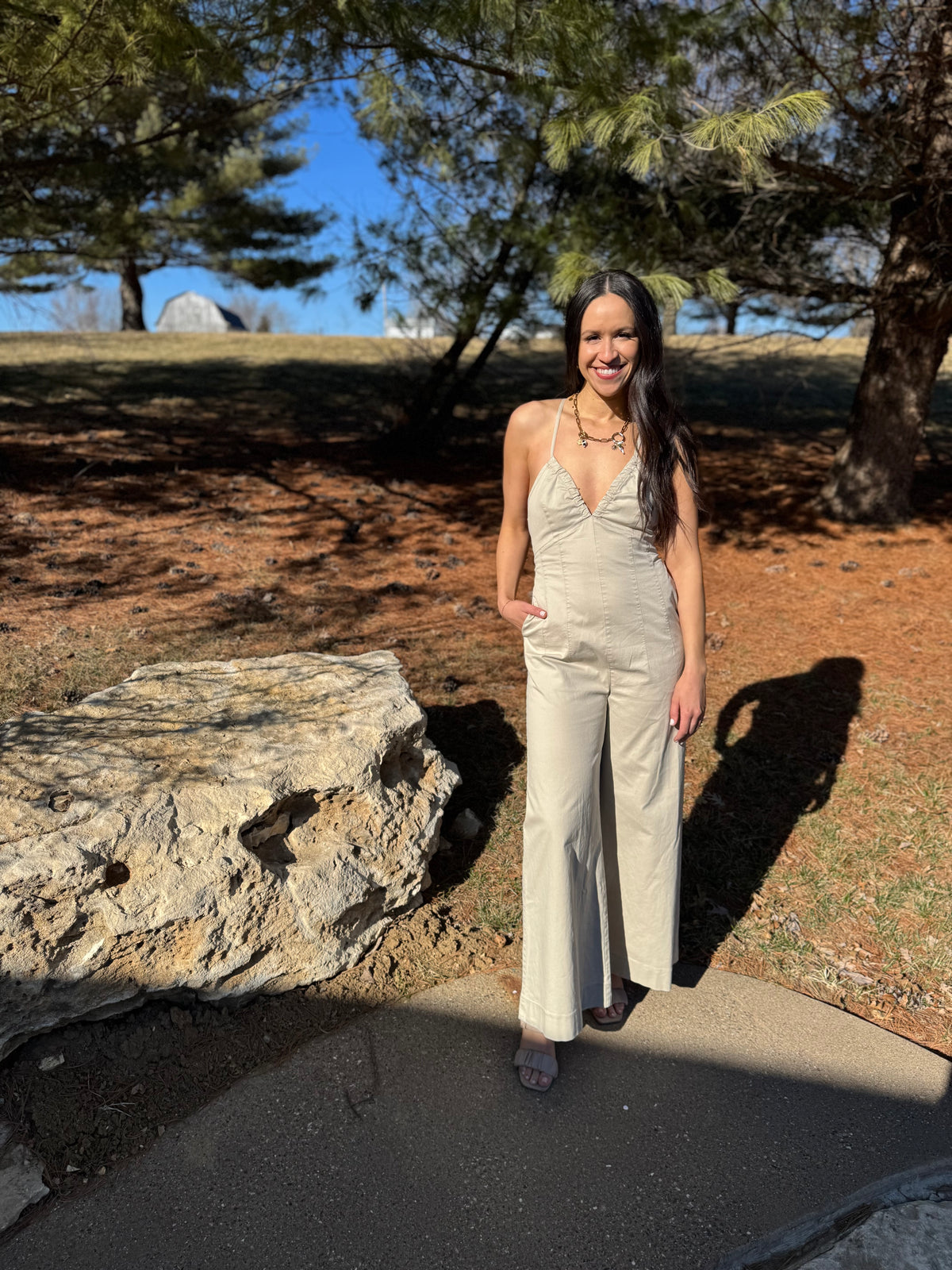 Tan Deep V Cross Tie Back Jumpsuit