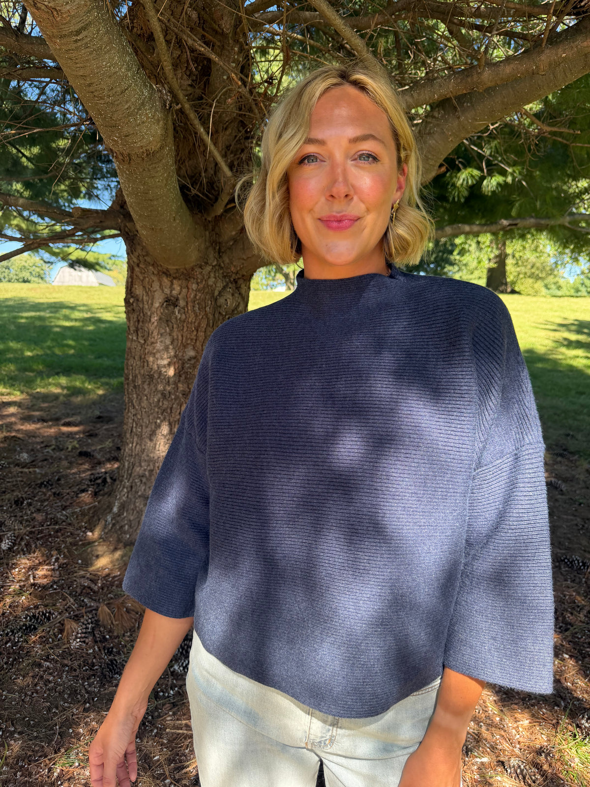 Navy Drop Shoulder 3/4 Length Sleeve Sweater