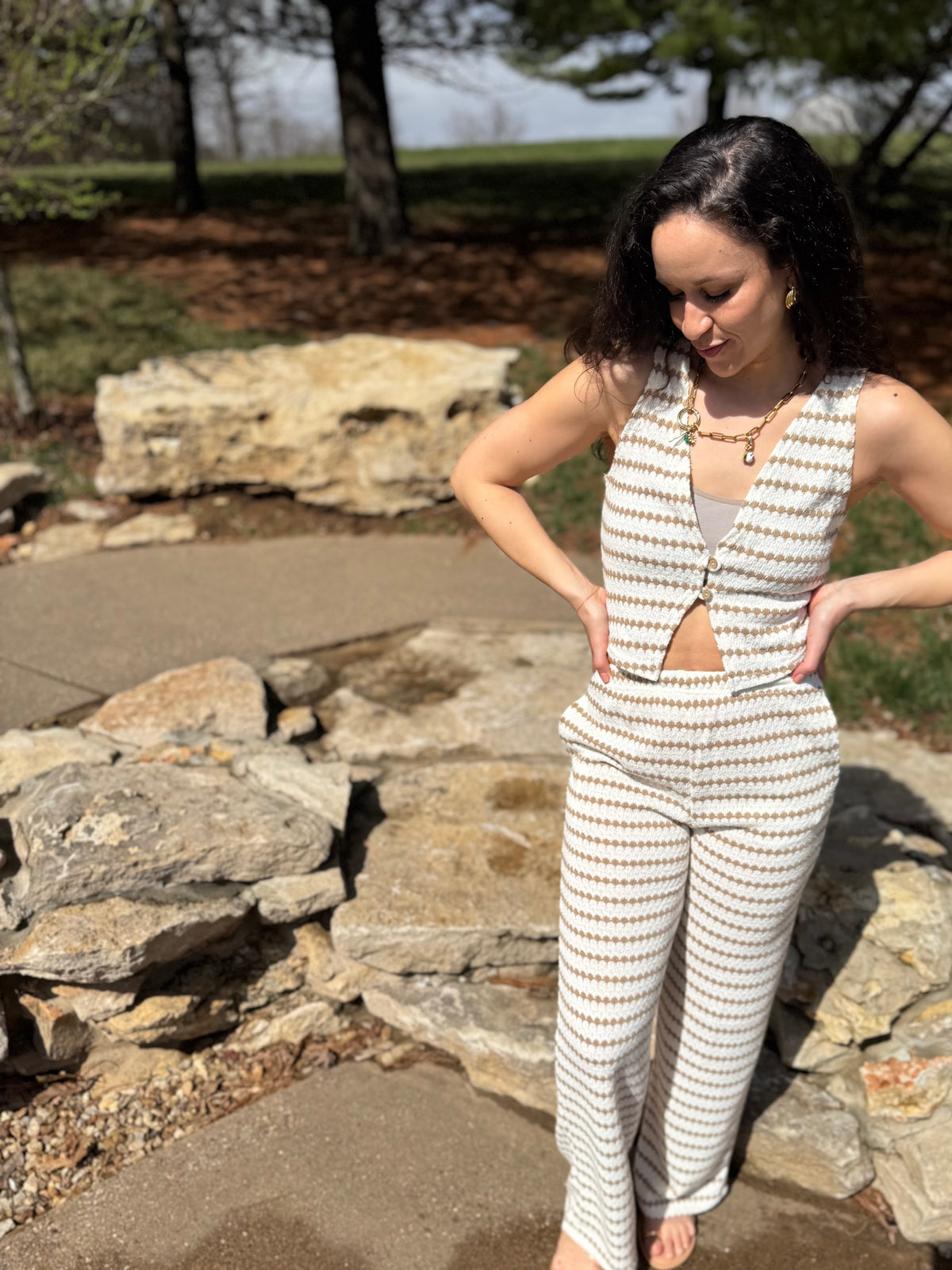 Taupe Stripe Knit Wide Leg Pants
