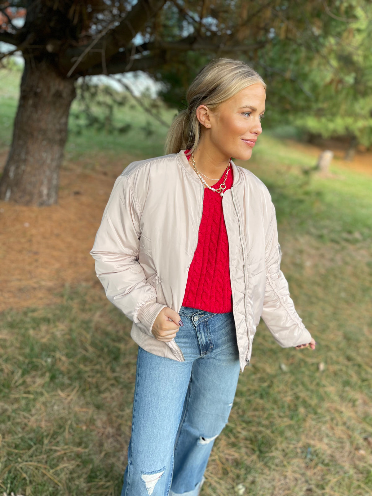 Cream Ruched Sleeve Bomber Jacket