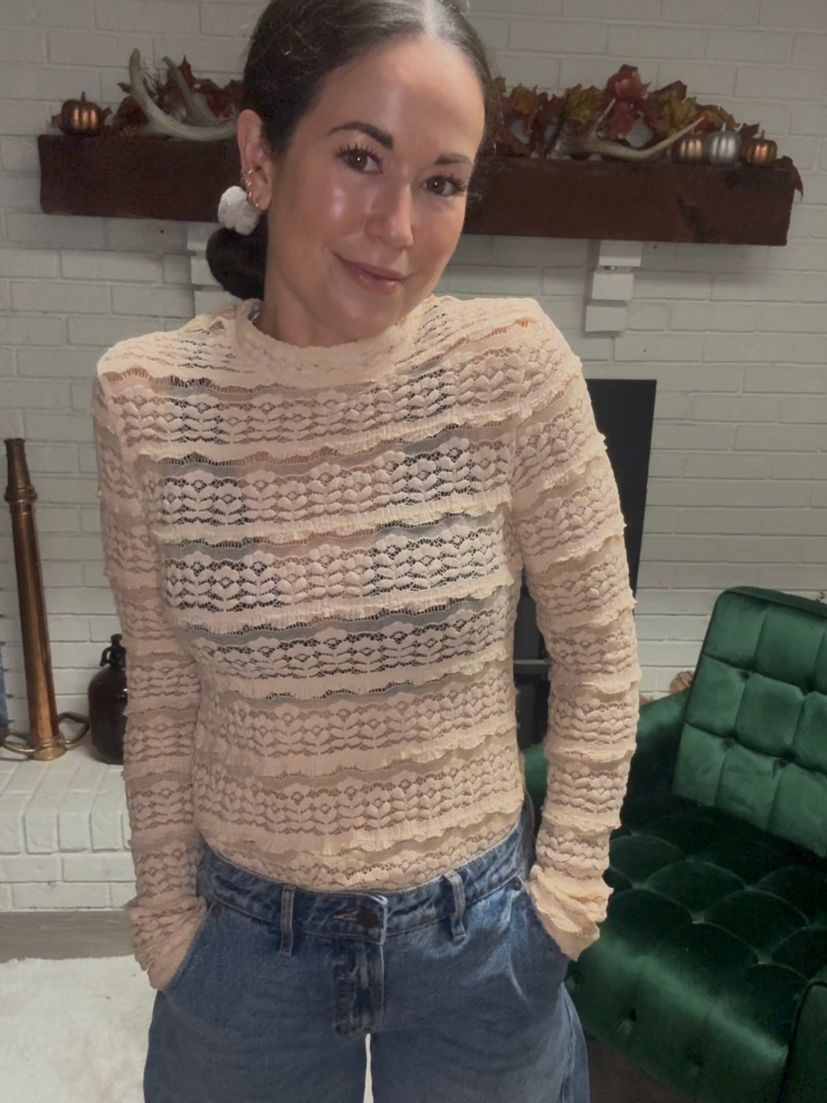 Beige Long Sleeve Lace Top