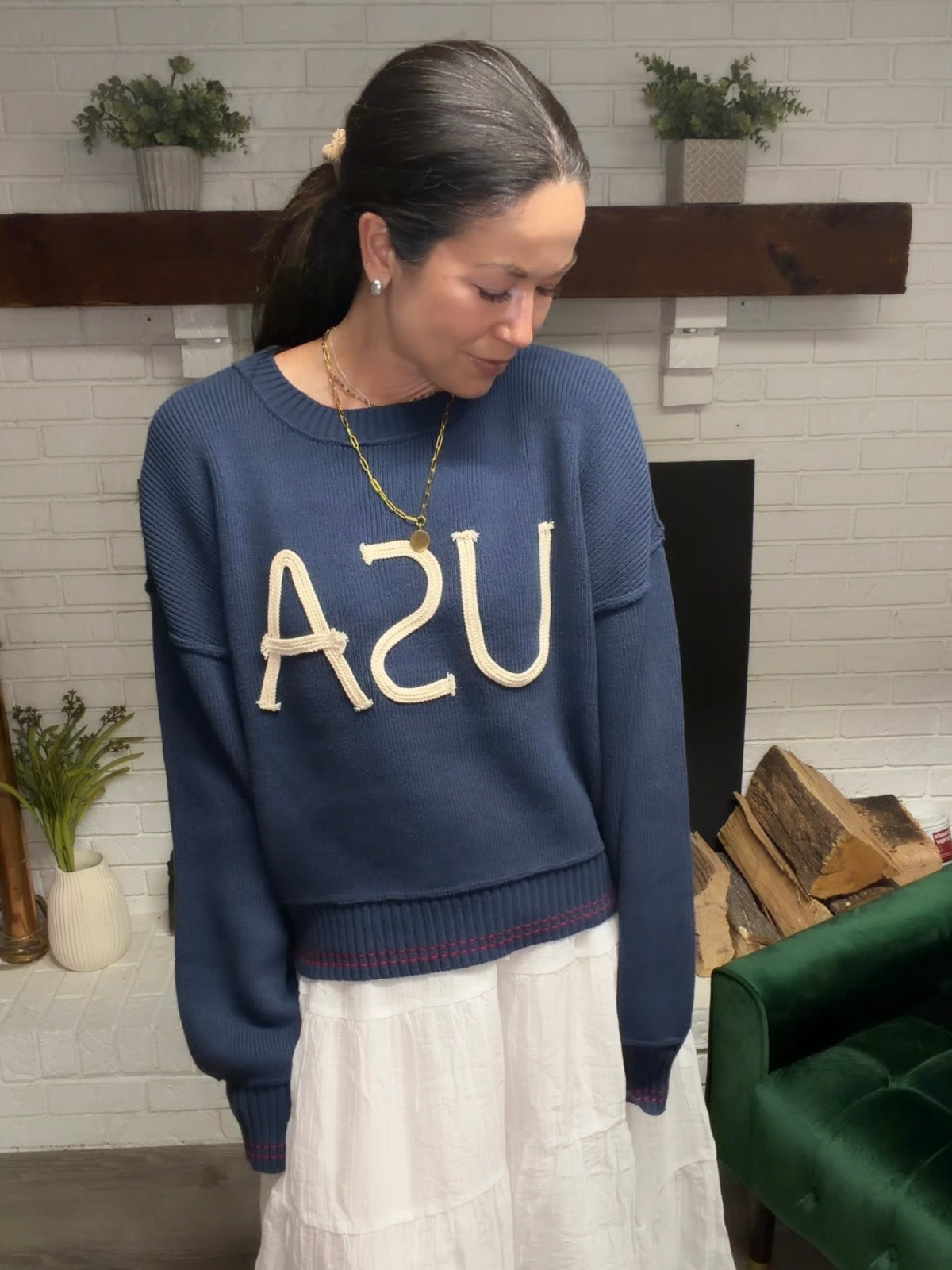 Navy Rope Detail USA Sweater