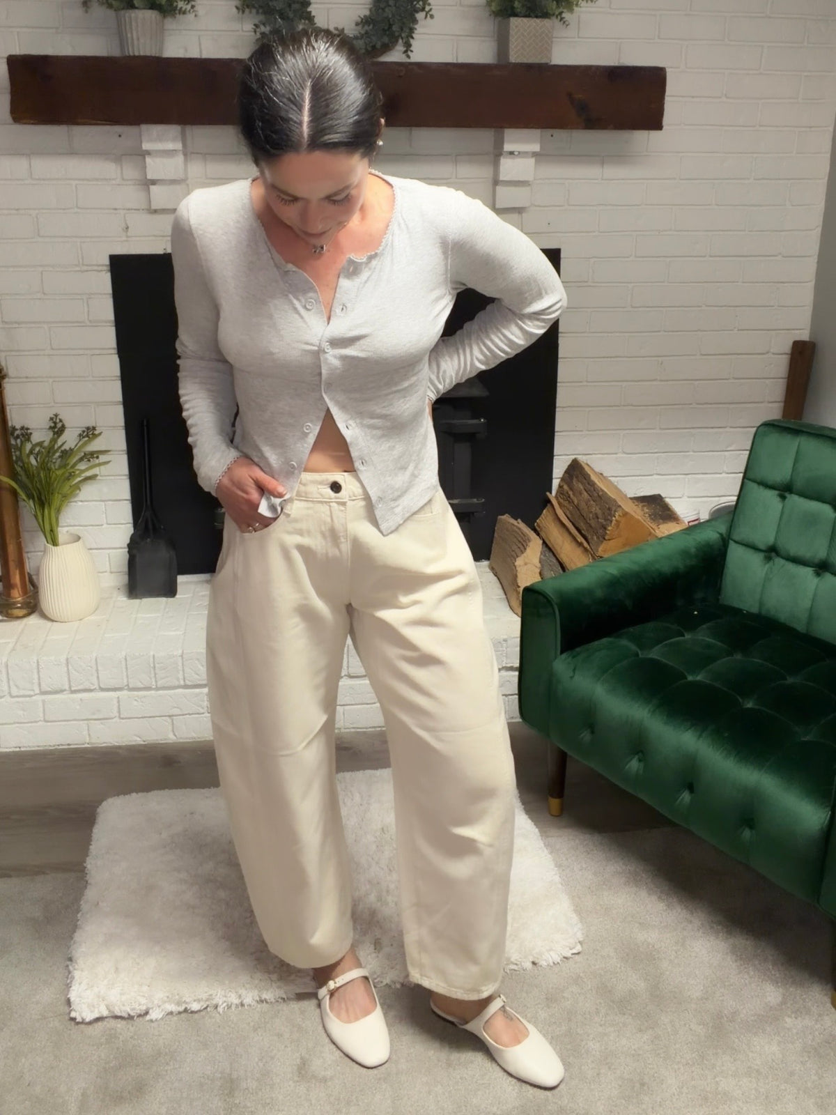 Ivory Mid Waist Barrel Leg Jeans
