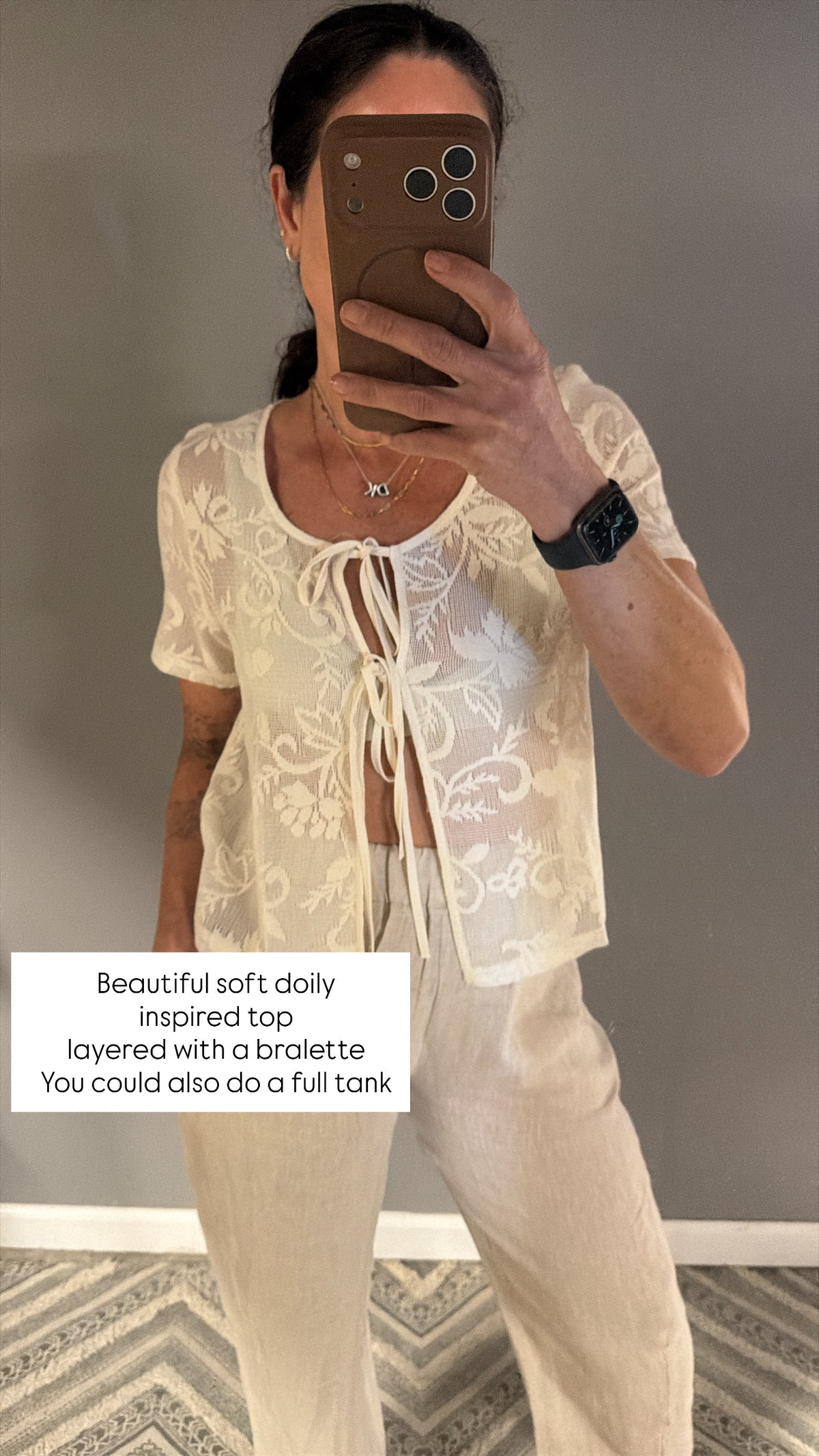 Ivory Sheer Lace Tie Front Top