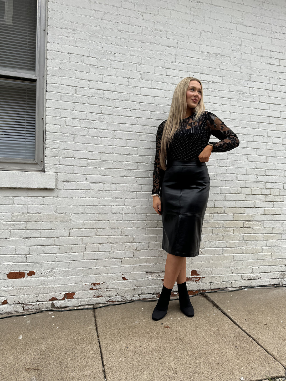 Black Vegan Leather Midi Skirt