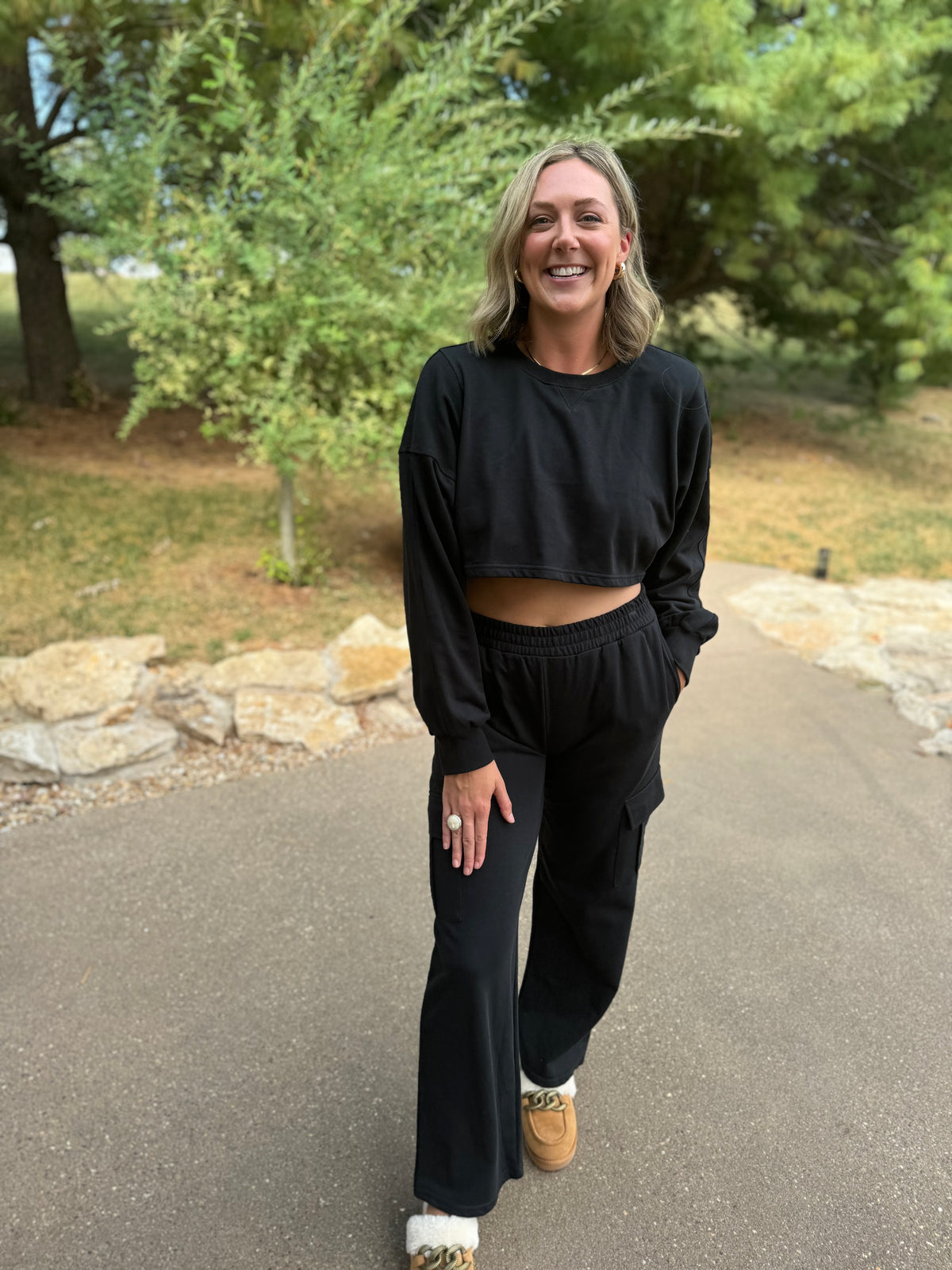 French Terry Crop Sweatshirt & Wide Leg Cargo Pant Set