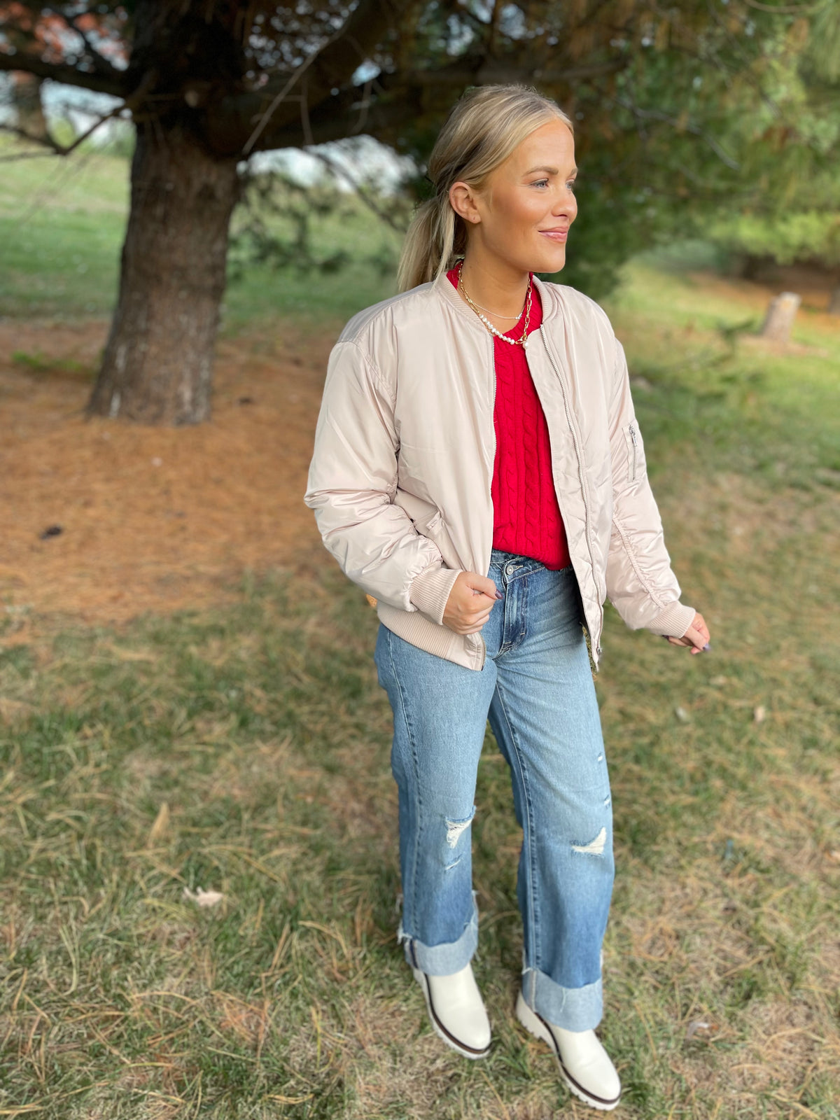 Cream Ruched Sleeve Bomber Jacket