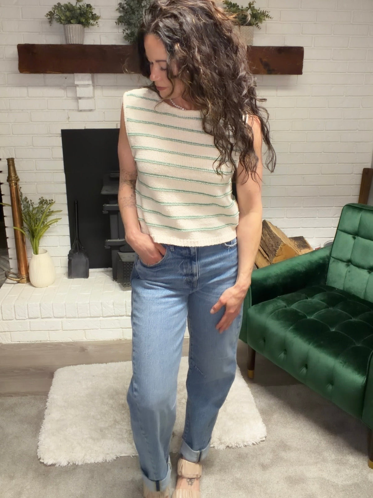 Cream & Green Striped Low Back Sleeveless Sweater