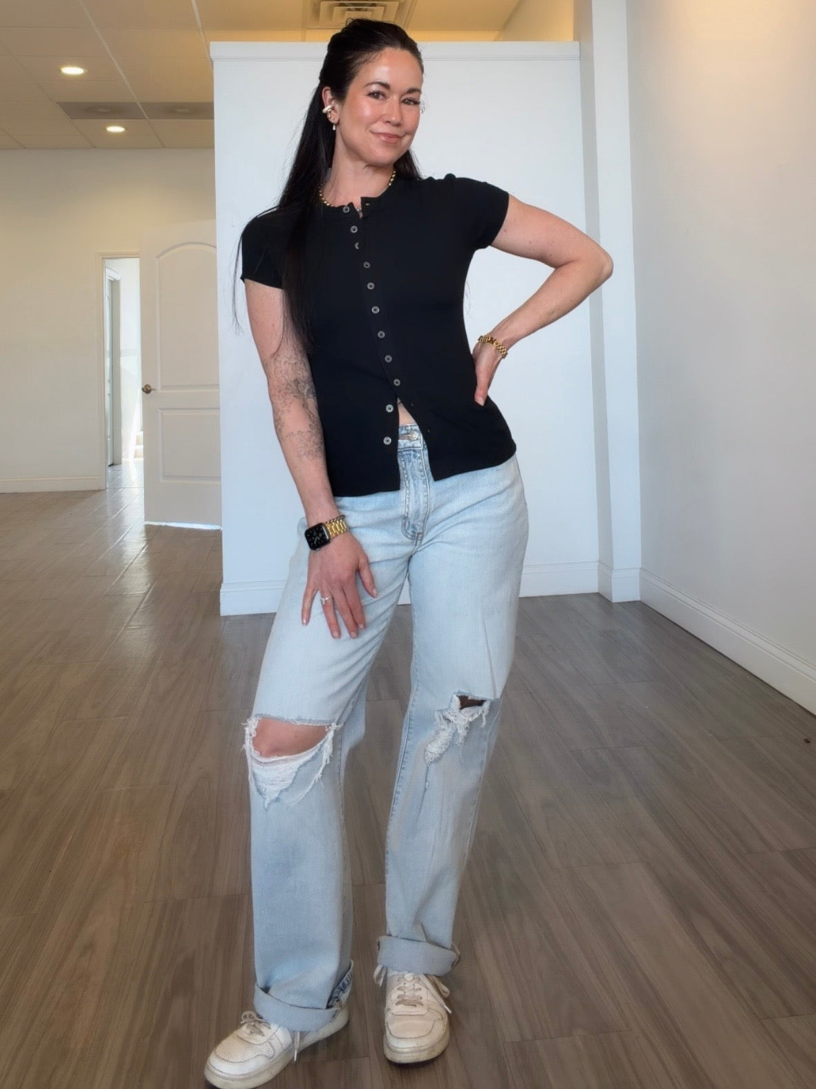 Black Short Sleeve Button Front Top