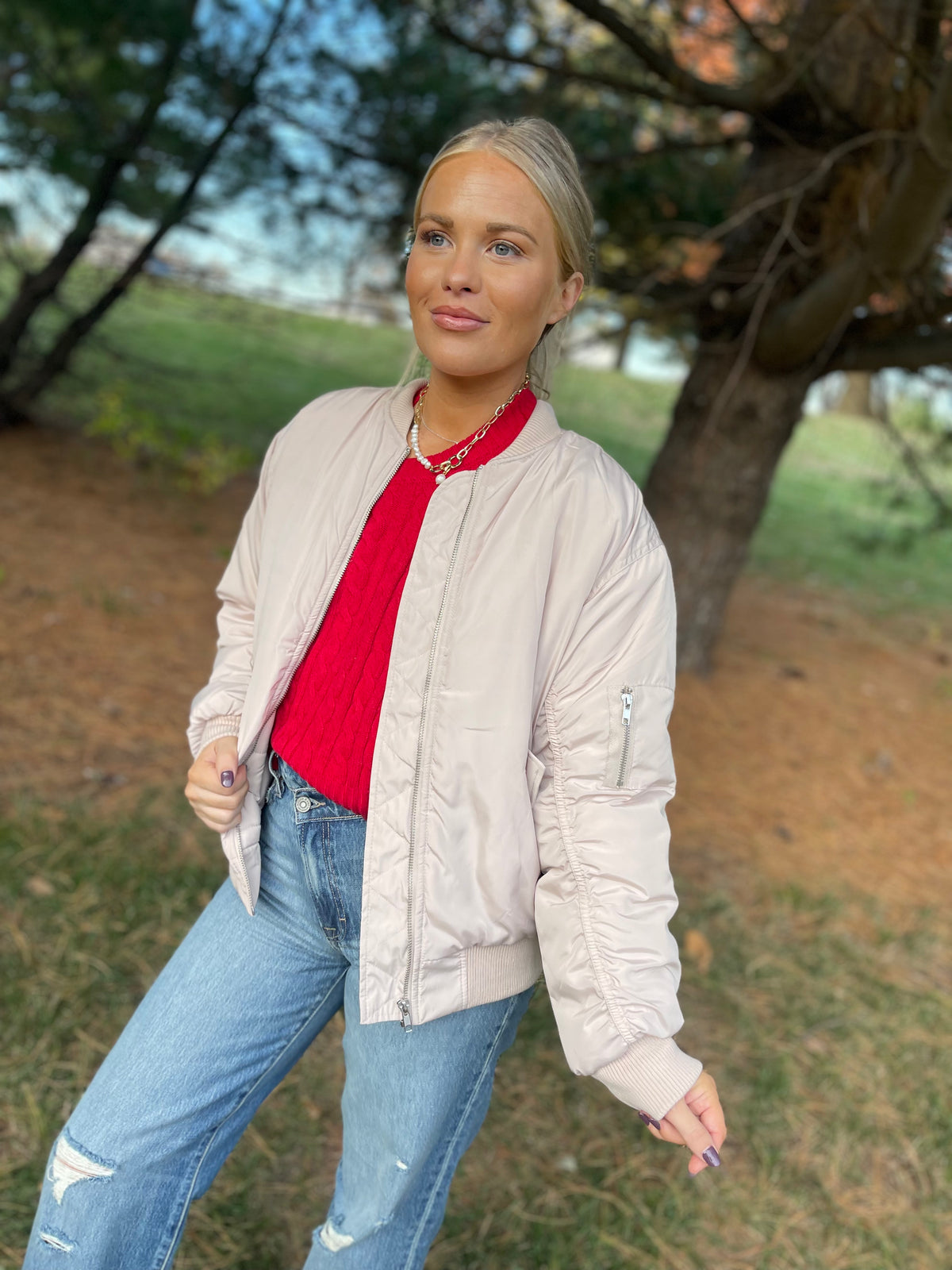 Cream Ruched Sleeve Bomber Jacket