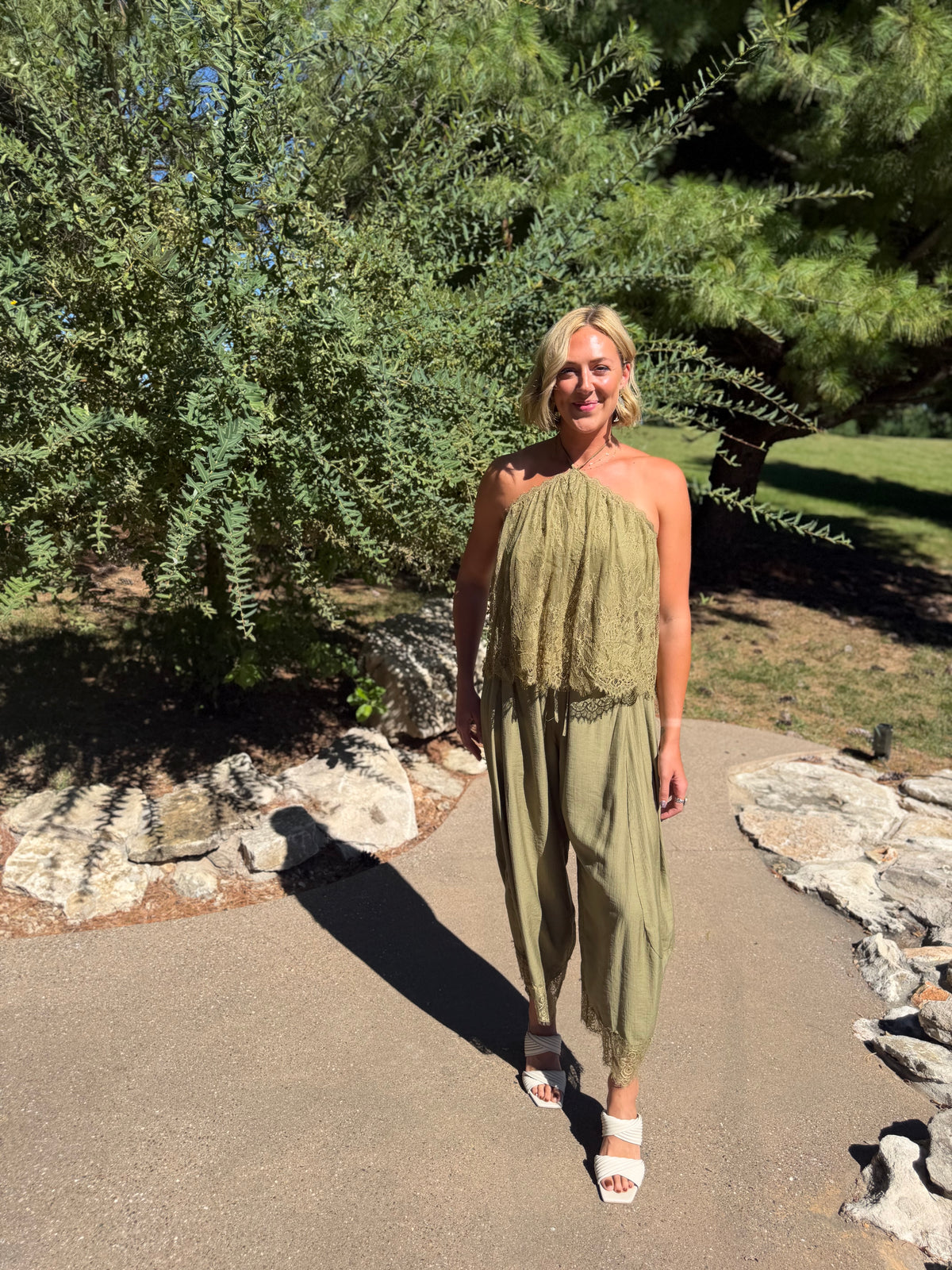 Olive Scallop Lace Halter Top