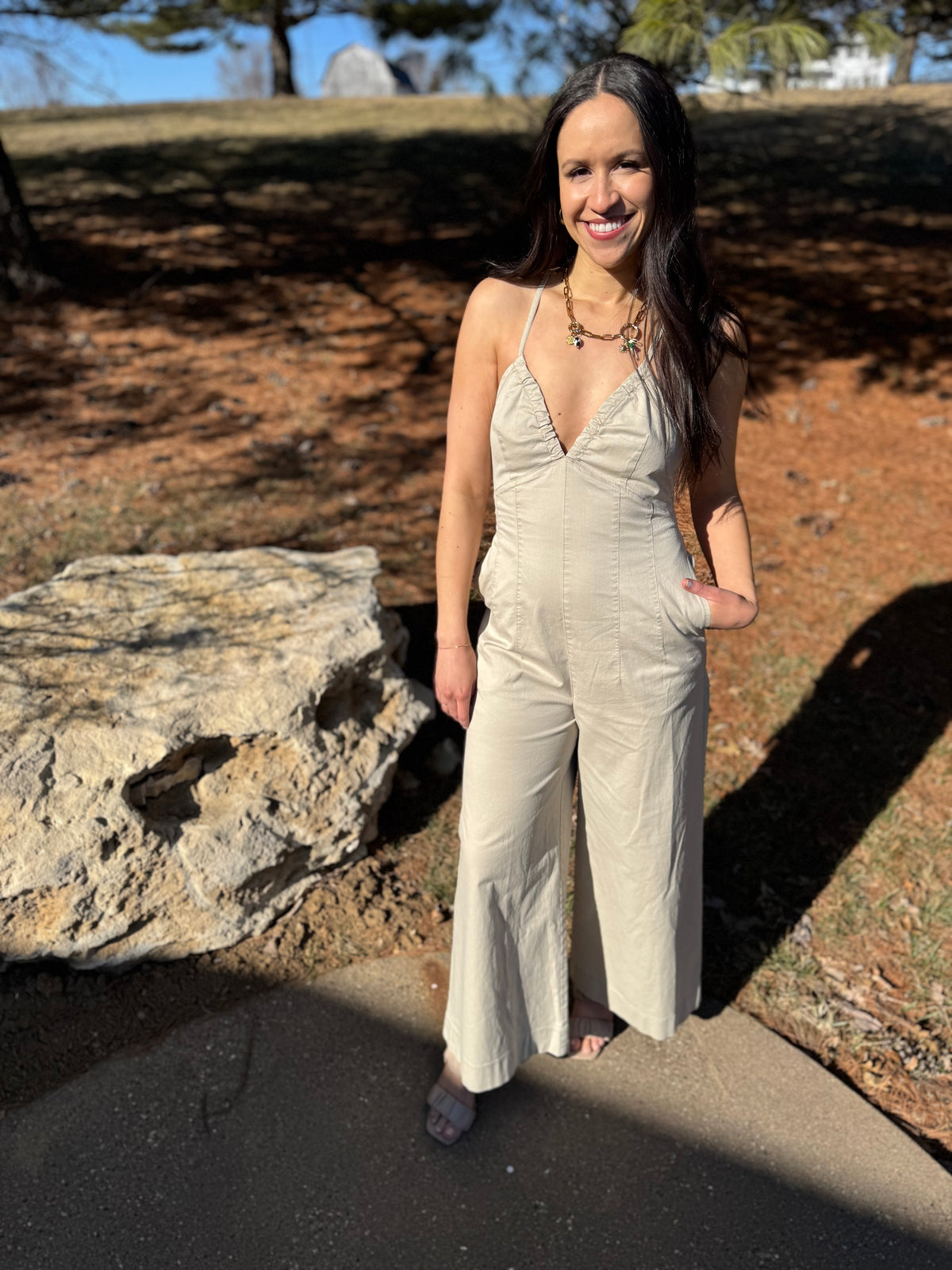 Tan Deep V Cross Tie Back Jumpsuit