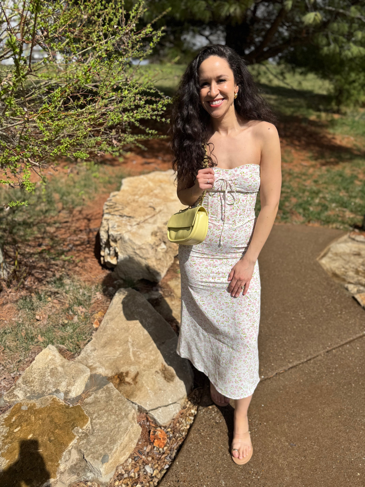 Pink Floral Print Strapless Midi Dress