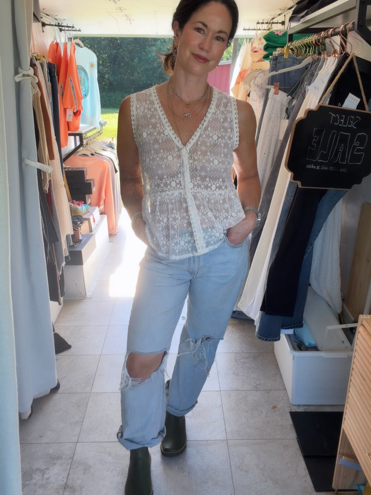 Sleeveless Lace Button Front Top