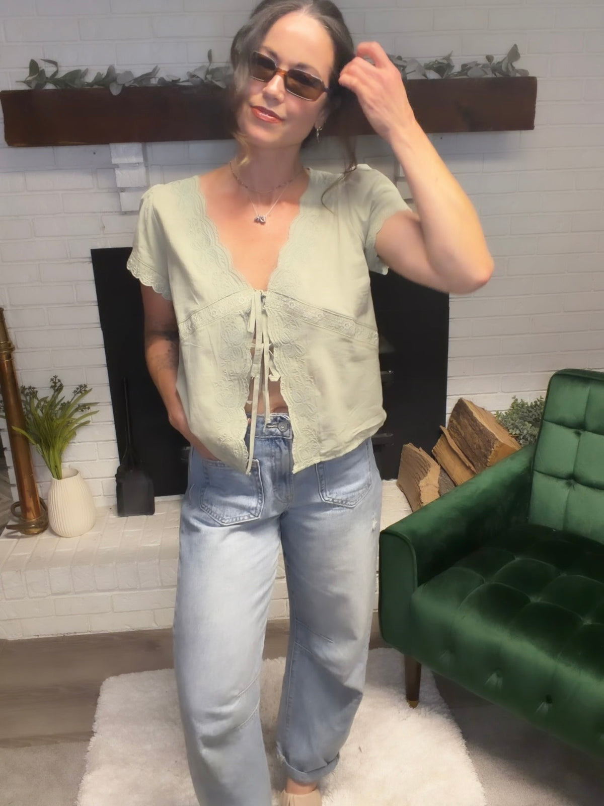 Sage Scalloped Edge Tie Front Top